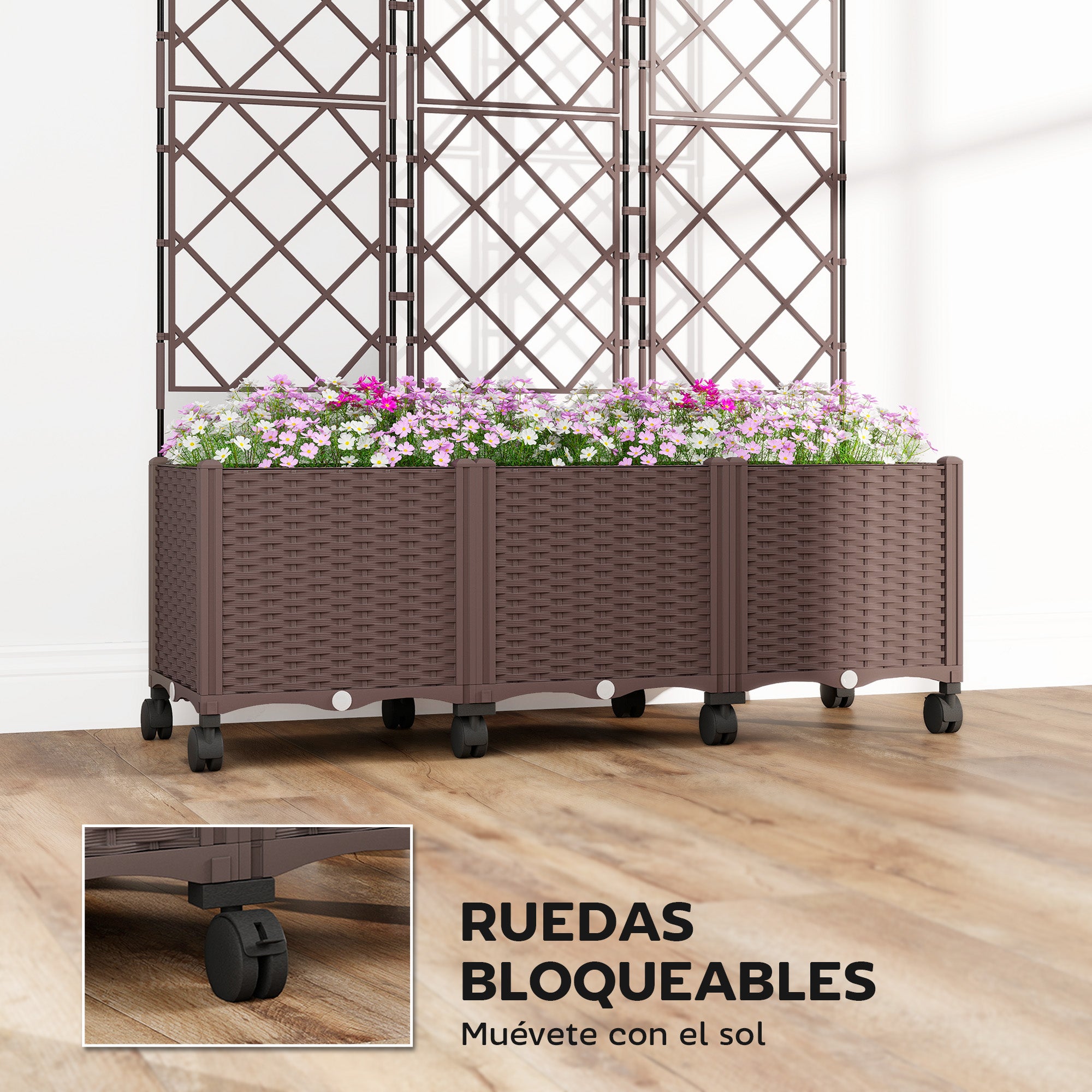 Outsunny Jardinera con Enrejado, Jardinera Exterior Grande con Ruedas para Plantas Trepadoras, con Ofricios de Drenaje y Tapones, Macetero Elevado para Jardín, Patio, Terraza, 120x40x192 cm, Marrón