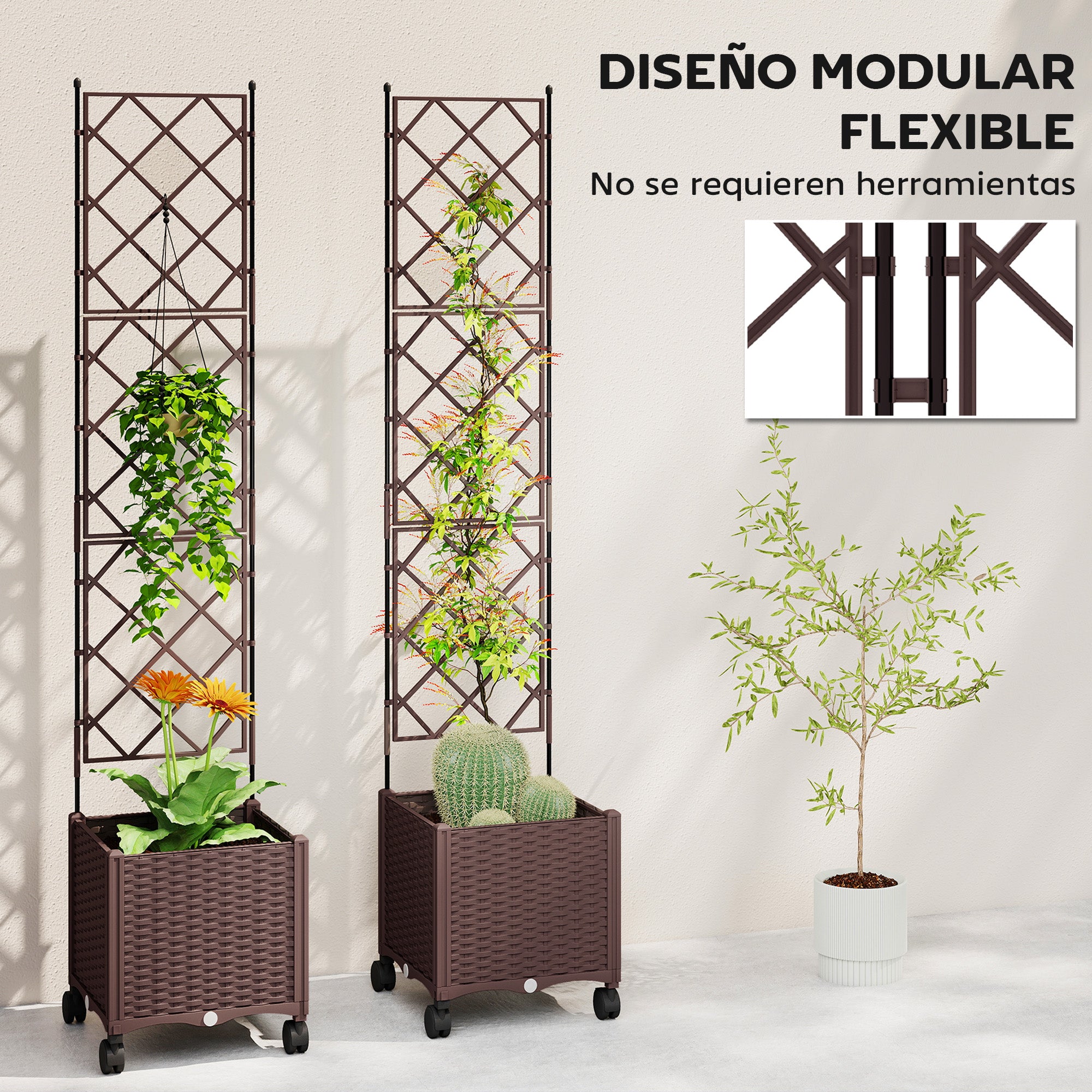 Outsunny Jardinera con Enrejado, Jardinera Exterior Grande con Ruedas para Plantas Trepadoras, con Ofricios de Drenaje y Tapones, Macetero Elevado para Jardín, Patio, Terraza, 120x40x192 cm, Marrón