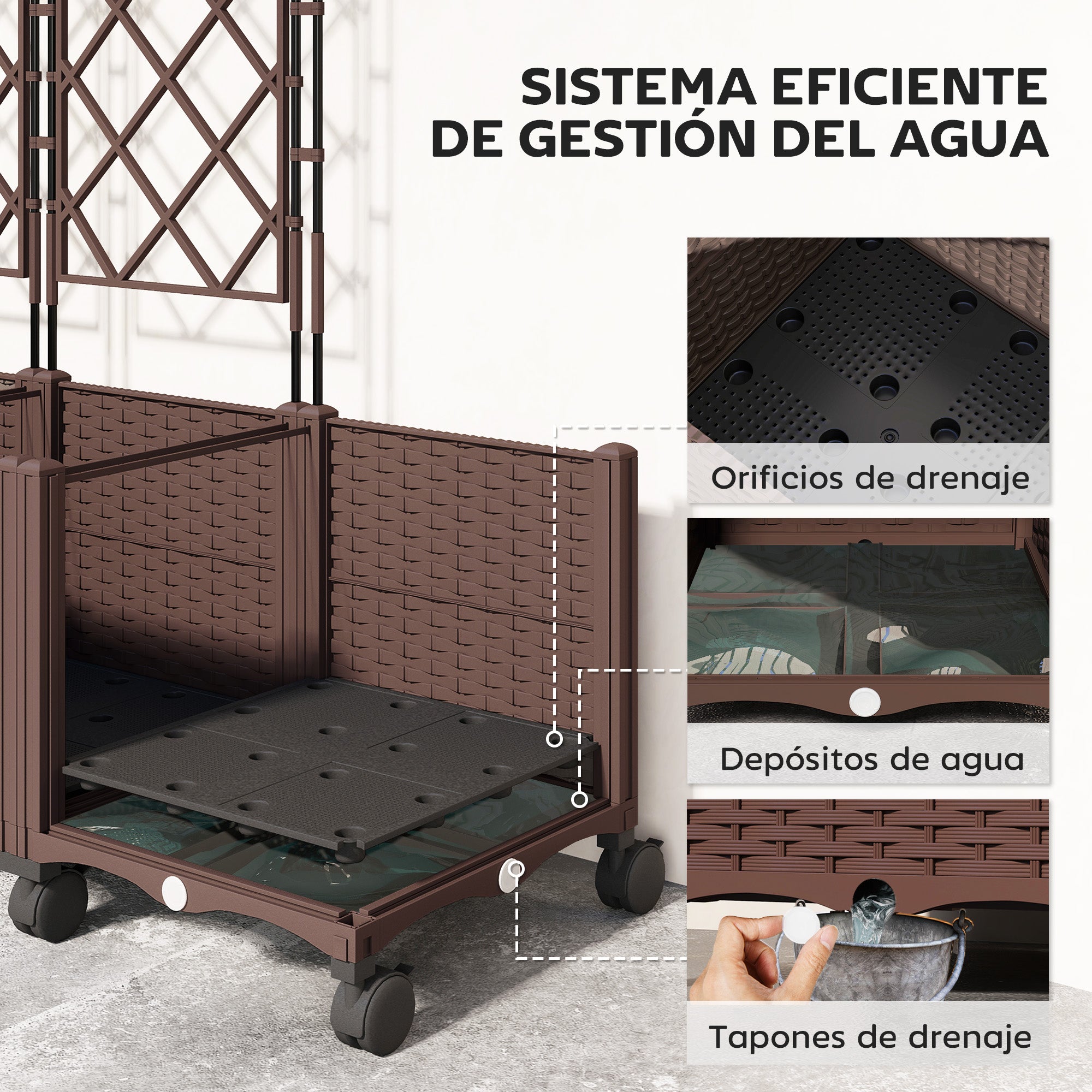 Outsunny Jardinera con Enrejado, Jardinera Exterior Grande con Ruedas para Plantas Trepadoras, con Ofricios de Drenaje y Tapones, Macetero Elevado para Jardín, Patio, Terraza, 120x40x192 cm, Marrón
