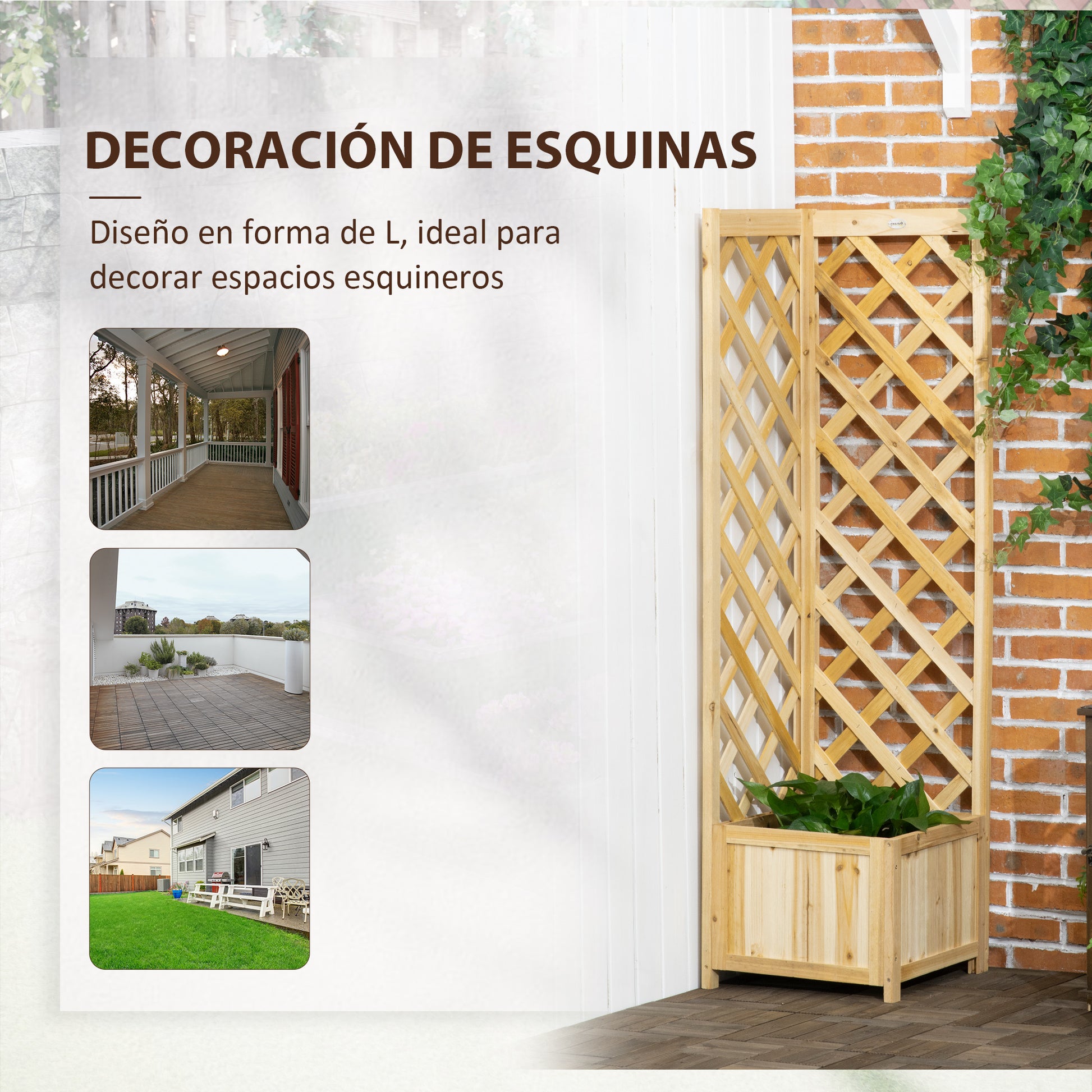 Outsunny Jardinera con Enrejado de Madera Macetero Exterior para Esquina Jardinera Elevada para Plantas Trepadoras en Patio Terraza 40x40x145 cm Natural