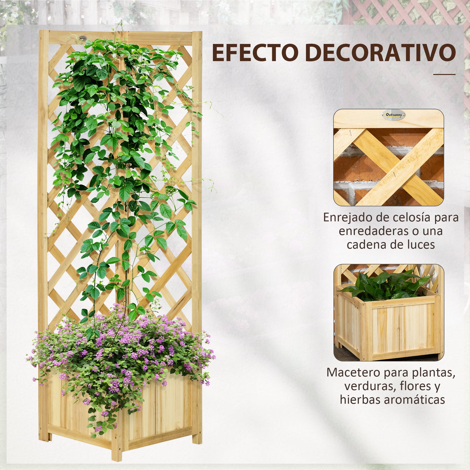 Outsunny Jardinera con Enrejado de Madera Macetero Exterior para Esquina Jardinera Elevada para Plantas Trepadoras en Patio Terraza 40x40x145 cm Natural