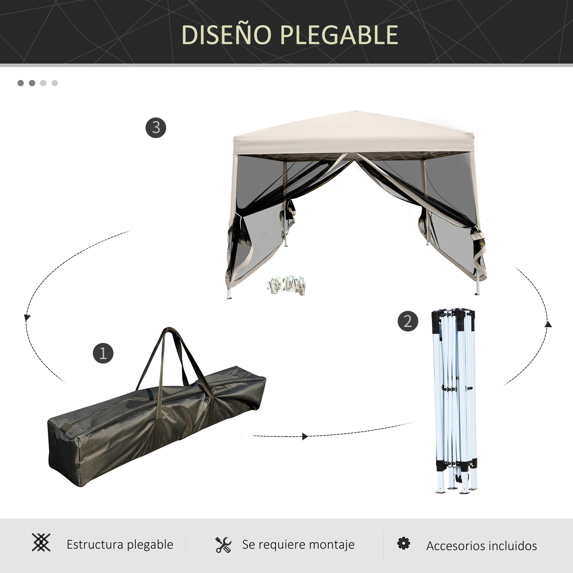 Outsunny Carpa Plegable 3x3 para Exterior Cenador Portátil de Jardín con Mosquiteras Bolsa de Transporte Marco de Acero y Tela Oxford Resistente para Fiestas Camping Beige