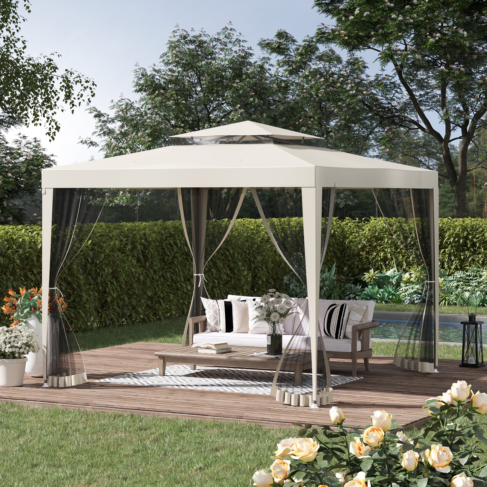 Outsunny Carpa de Jardín 3x3 m Cenador con 4 Mosquiteras Laterales con Cremallera Techo de Ventilación y 8 Orificios de Drenaje Gazebo para Terraza Patio Exterior Beige
