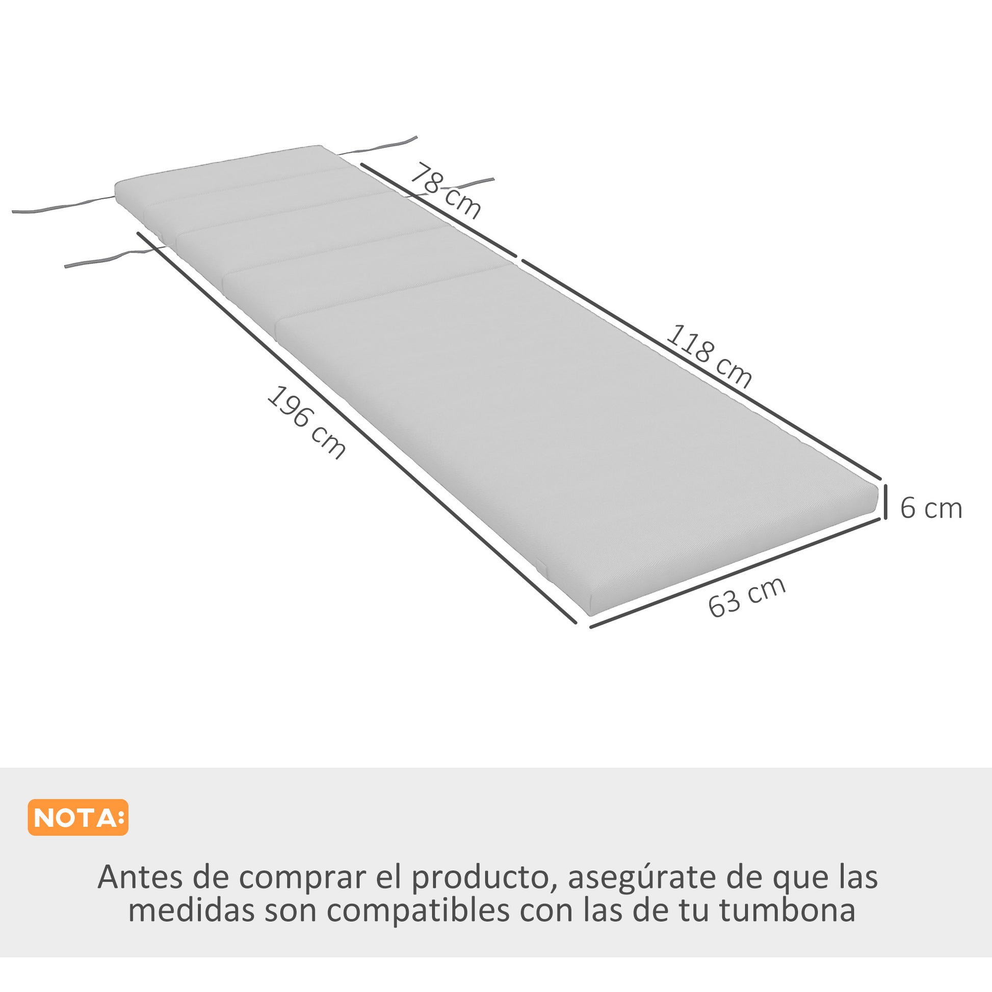 Outsunny Cojín para Tumbona 196x63x6 cm Colchoneta para Tumbona de Algodón con Tela Hidrófuga Cojín de Asiento y Respaldo para Jardín Terraza Balcón Gris Claro