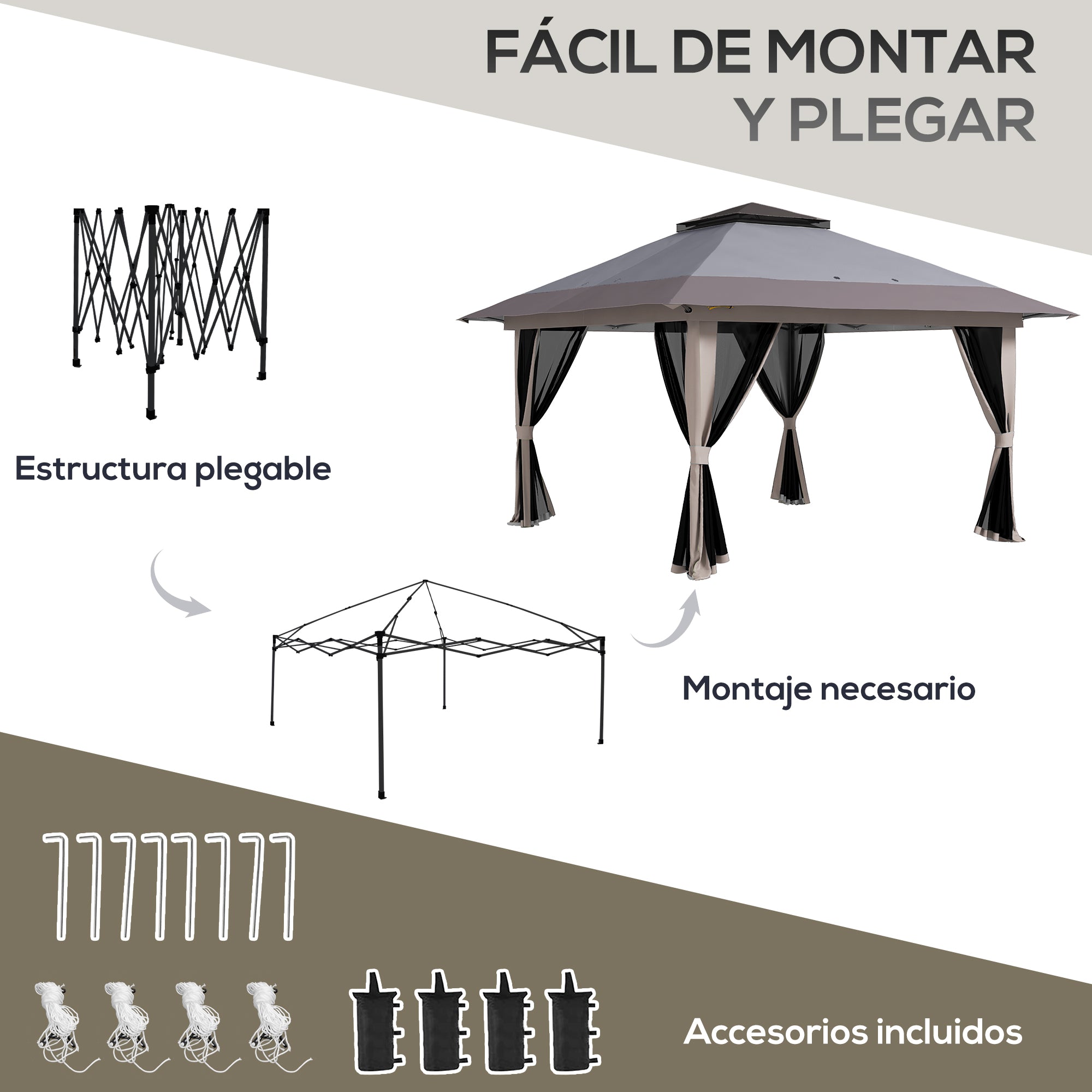 Outsunny Carpa Plegable Pop-up 4x4x2,8 m Cenador de Jardín con Paredes Altura Ajustable Anti-UV Impermeable Doble Techo Mosquiteras y Bolsa de Ruedas Gazebo para Exterior Fiestas Camping Gris Claro