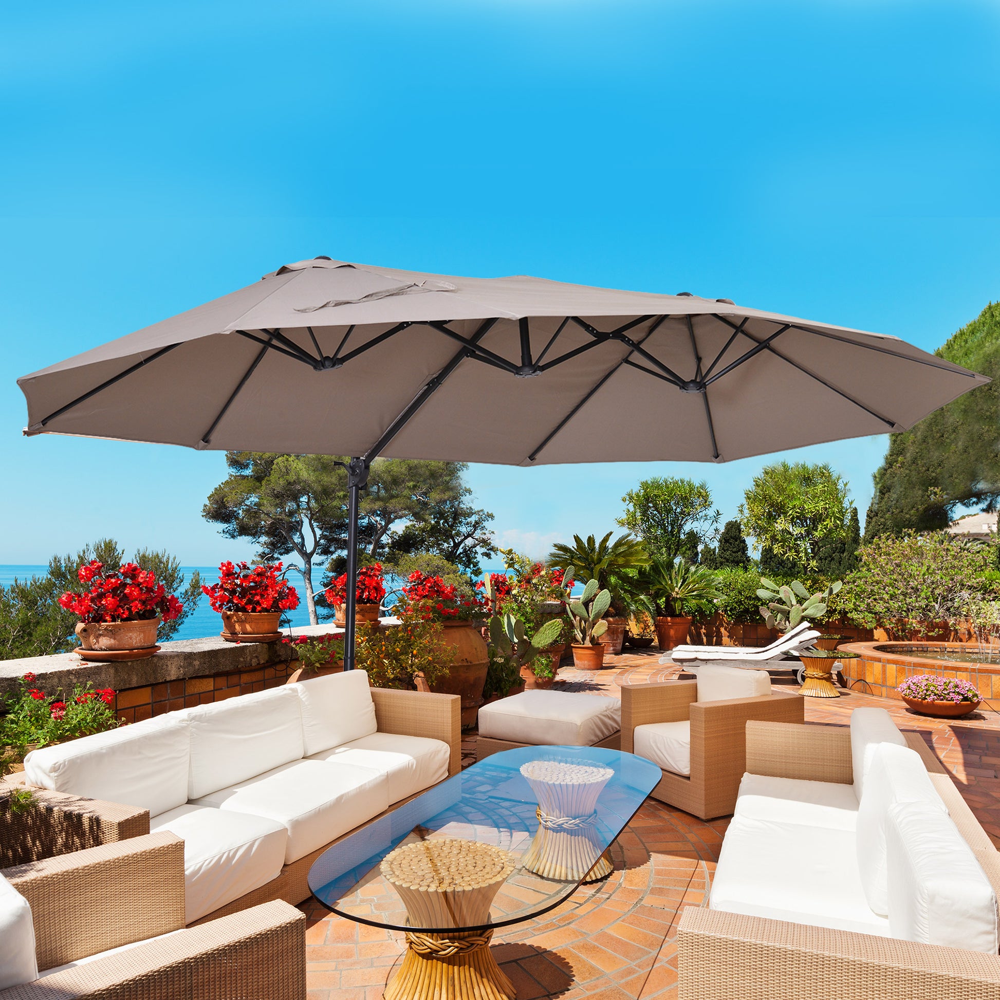 Outsunny Sombrilla Doble Parasol Grande Inclinable para Jardín con Manivela Abrir y Cerrar Fácilmente 12 Varillas de Acero Ofrece Una Alta Estabilidad 270x440x250 cm Marrón y Negro