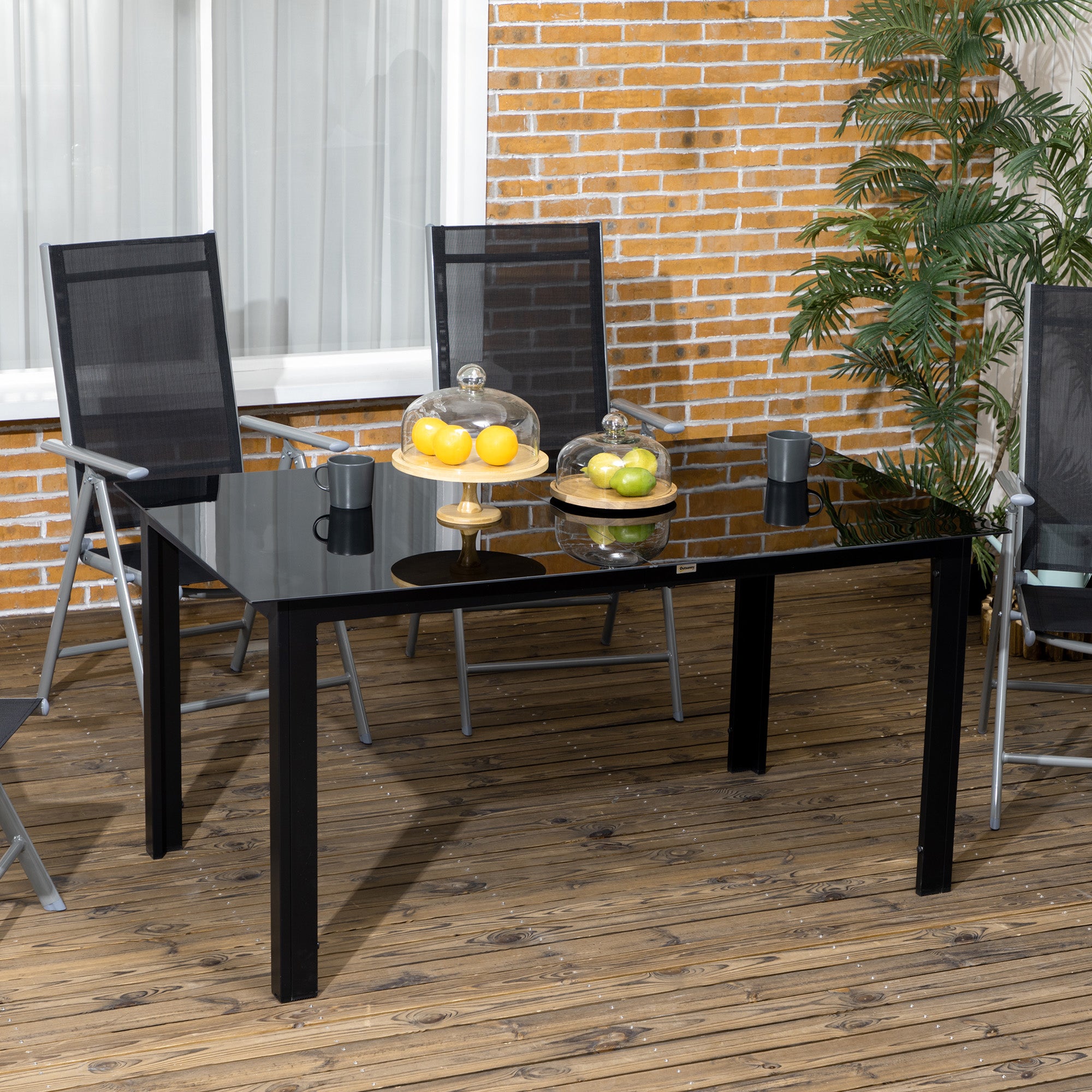 Outsunny Mesa de Jardín Rectangular para 6 Personas con Marco de Aluminio Mesa de Comedor Exterior con Tablero de Vidrio Templado Carga 50 kg para Terraza Balcón 150x90x74 cm Negro
