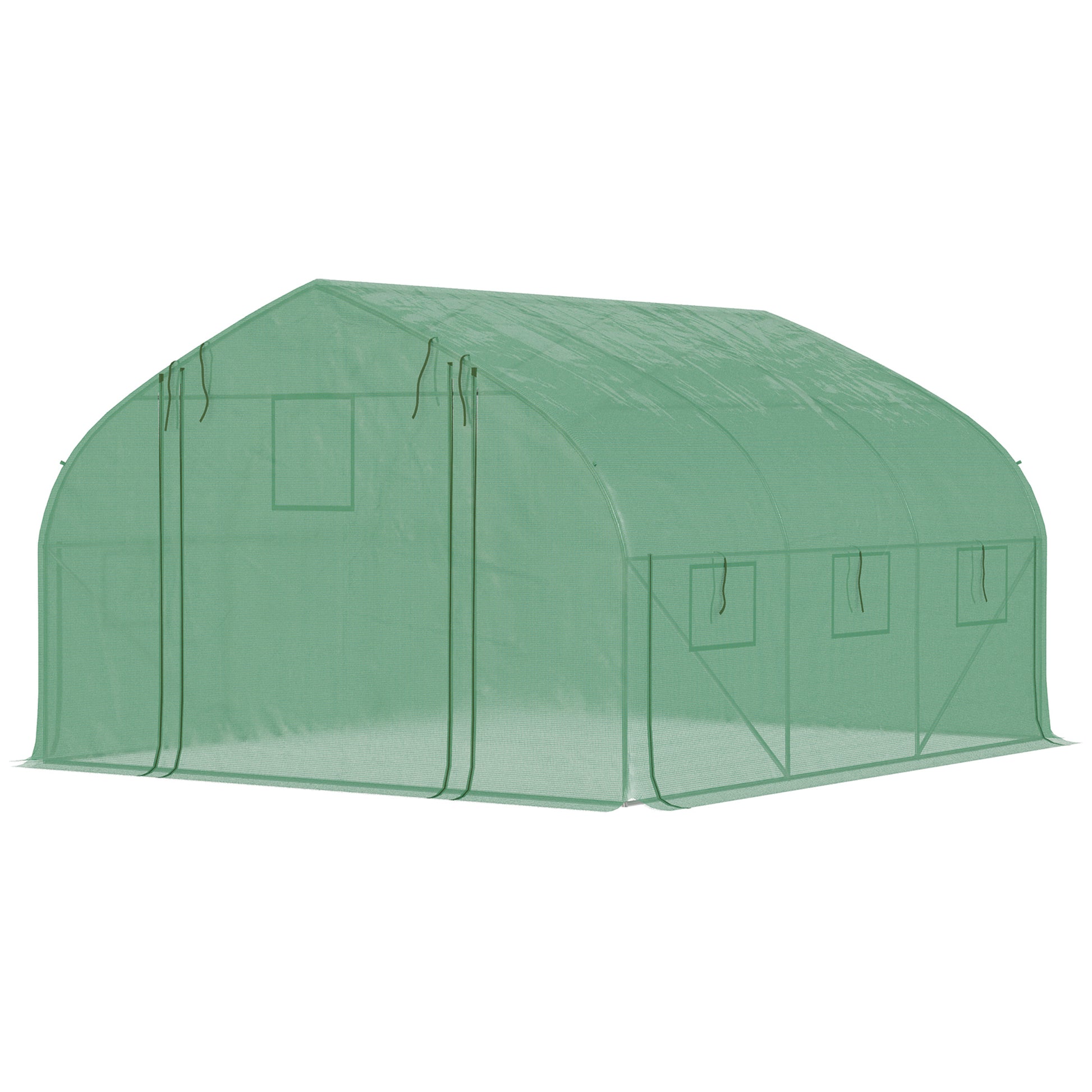 Outsunny Invernadero de Túnel 347x300x200 cm Invernadero de Jardín con Puerta Enrollable 6 Ventanas Cubierta PE 140g/m² Estructura de Acero Galvanizado para Cultivos Plantas Flores Verde