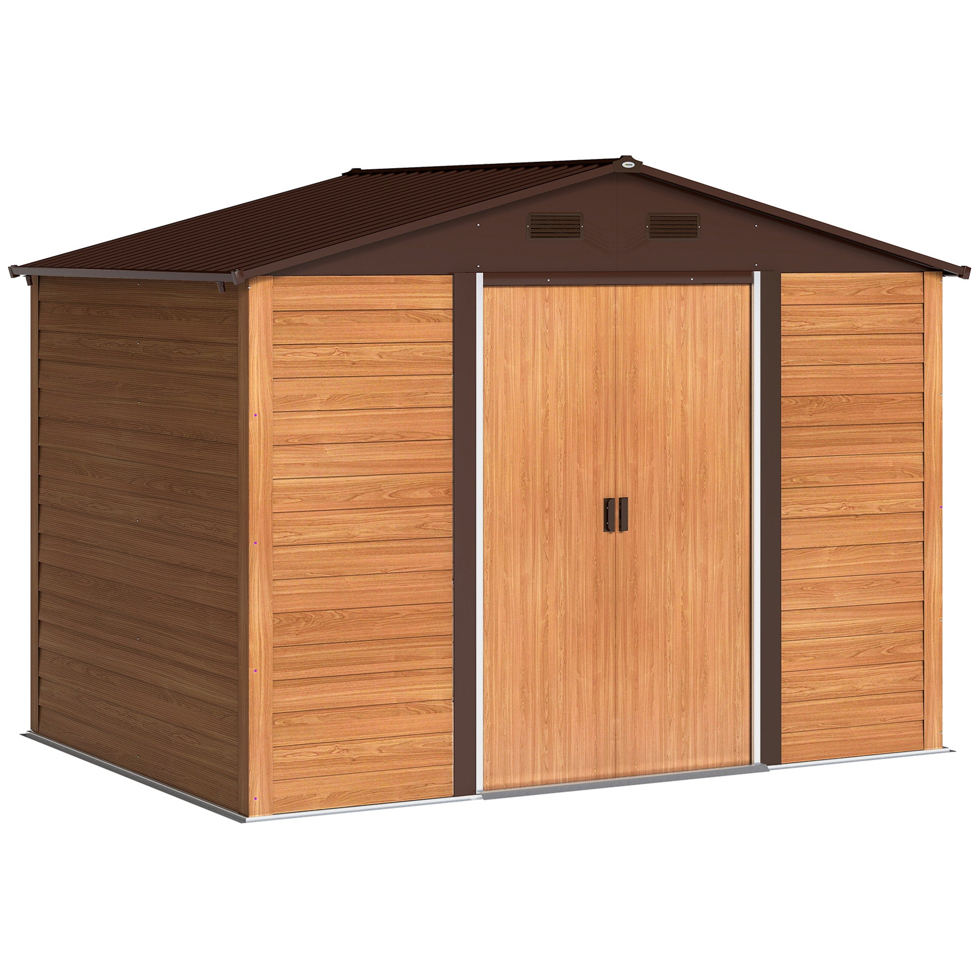 Outsunny Caseta de Jardín Exterior 4,84 m² 278x195x215 cm Cobertizo de Jardín Exterior Metálica con 2 Puertas Corredizas y 4 Ventanas para Almacenamiento de Herramientas Efecto Madera Natural y Café