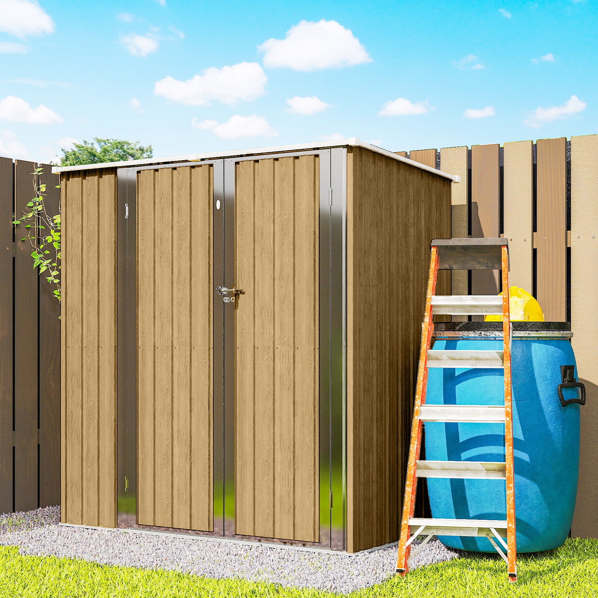 Outsunny Caseta de Jardín Exterior 1,37 m², 163x89x163 cm, Cobertizo de Jardín Exterior Metálico con Techo Inclinado, Puertas con Pestillo y Guantes para Almacenamiento de Herramientas, Marrón Claro