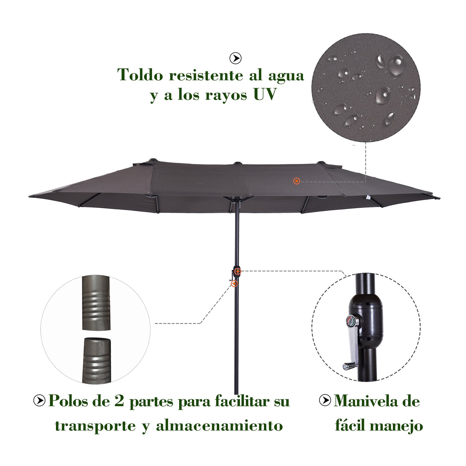 Outsunny Sombrilla Parasol Doble para Jardín 4,55x2,65x2,38 m Sombrilla Gigante Anti UV con Manivela para Exterior Patio Terraza Piscina Color Gris