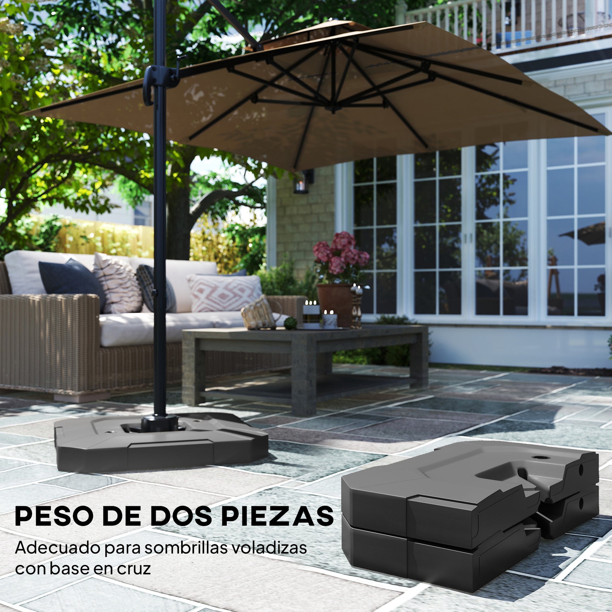 Outsunny Base para Sombrilla de 2 Piezas, Soporte para Parasol de HDPE Rellenable con Agua 80 kg o Mezcla de Agua y Arena 105 kg, para Jardín, Patio, Terraza, Negro