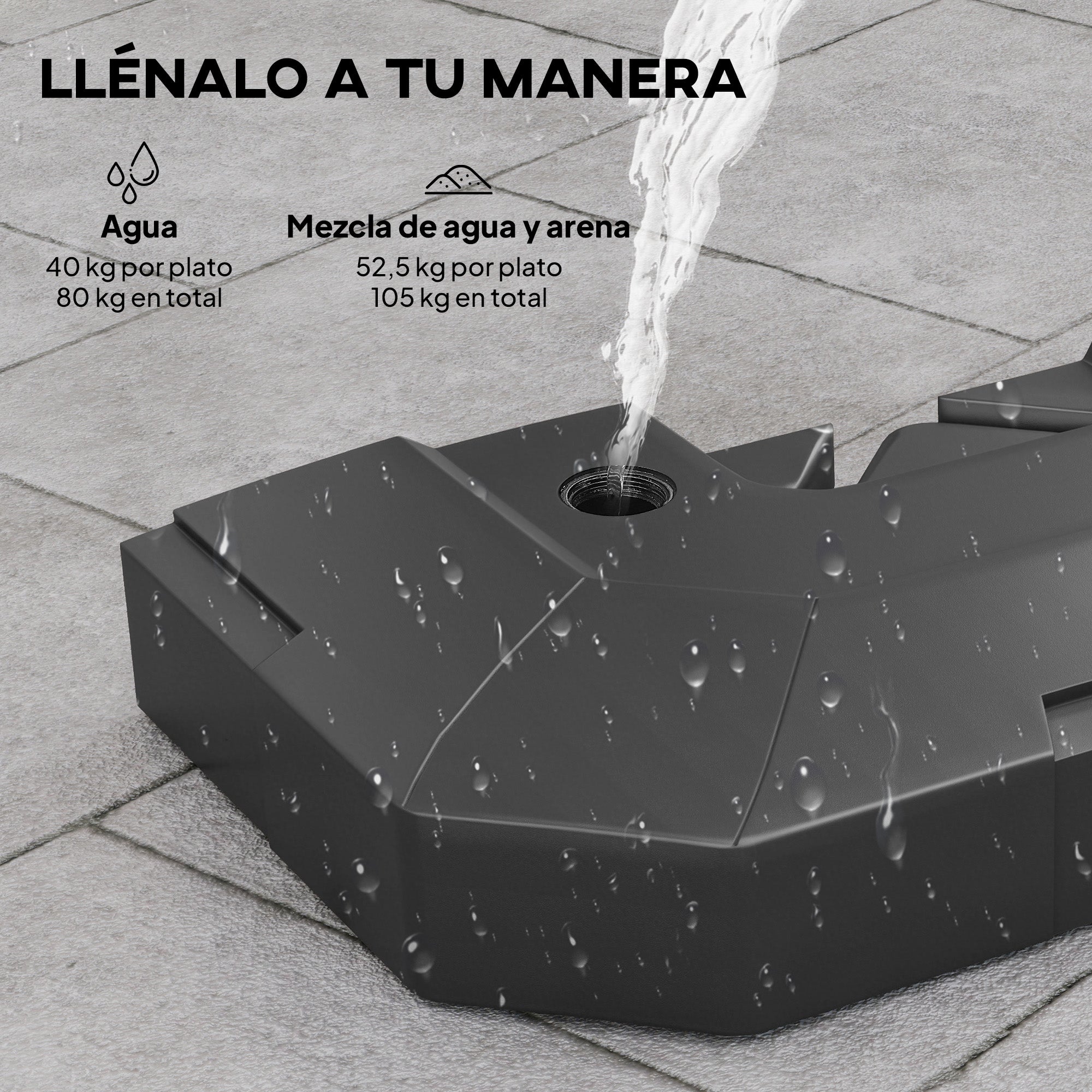 Outsunny Base para Sombrilla de 2 Piezas, Soporte para Parasol de HDPE Rellenable con Agua 80 kg o Mezcla de Agua y Arena 105 kg, para Jardín, Patio, Terraza, Negro