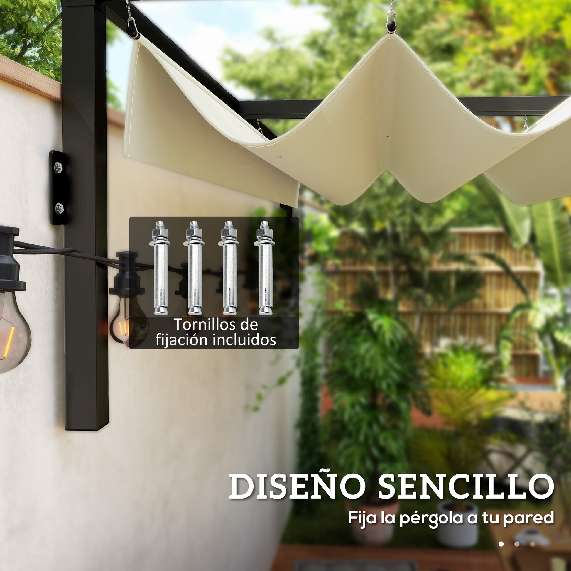 Outsunny Pérgola con Techo Retráctil Pérgola de Pared 3x2 m Cenador con Tela de Poliéster Resistente al Agua Pabellón para Jardín Patio Terraza Exterior Crema