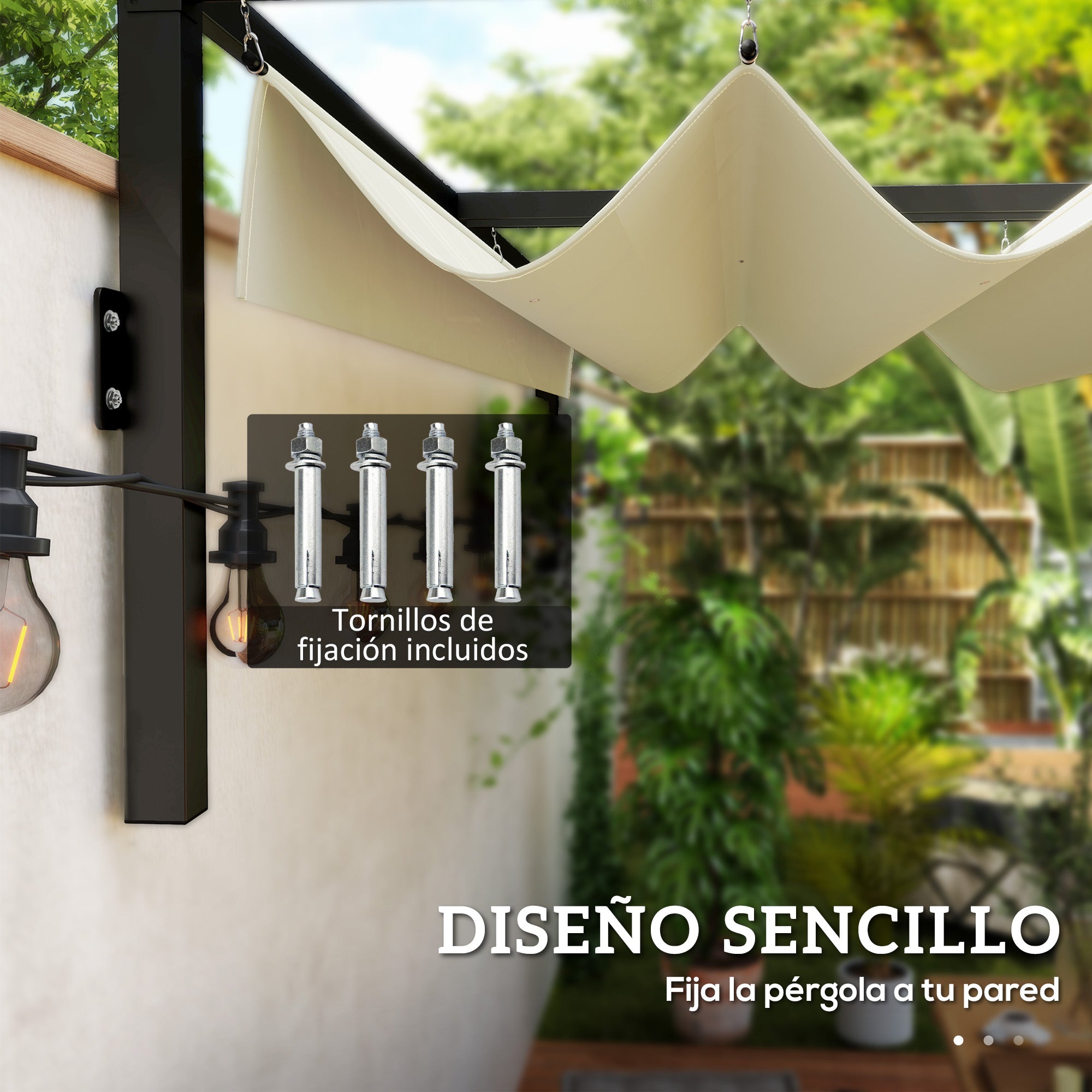 Outsunny Pérgola con Techo Retráctil Pérgola de Pared 3x2 m Cenador con Tela de Poliéster Resistente al Agua Pabellón para Jardín Patio Terraza Exterior Crema