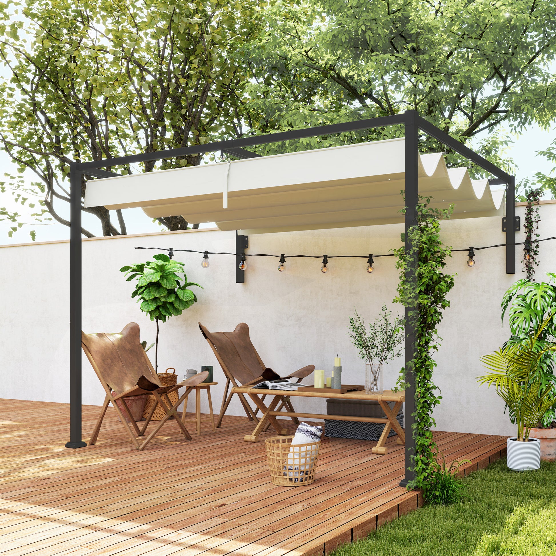 Outsunny Pérgola con Techo Retráctil Pérgola de Pared 3x2 m Cenador con Tela de Poliéster Resistente al Agua Pabellón para Jardín Patio Terraza Exterior Crema