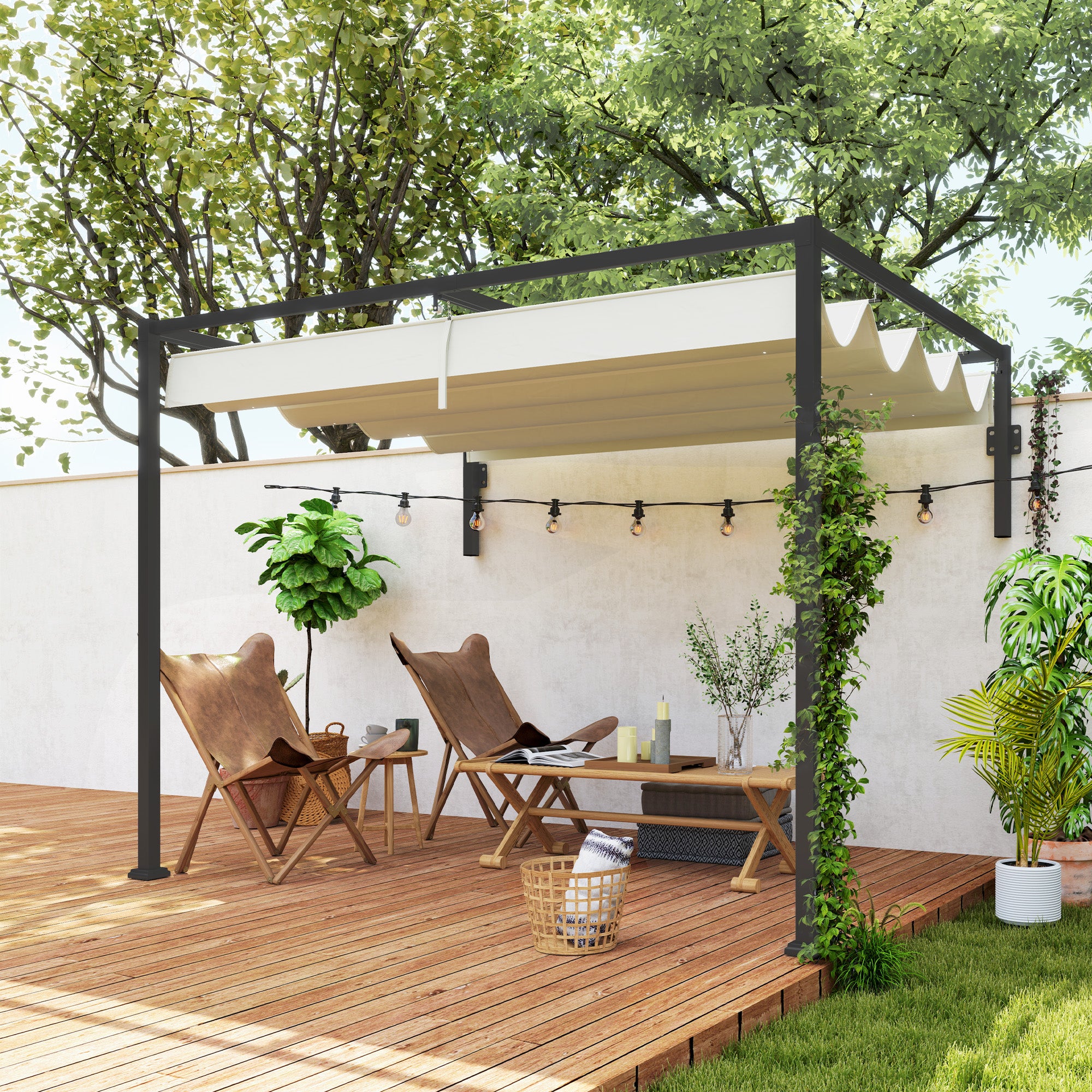 Outsunny Pérgola con Techo Retráctil Pérgola de Pared 3x2 m Cenador con Tela de Poliéster Resistente al Agua Pabellón para Jardín Patio Terraza Exterior Crema