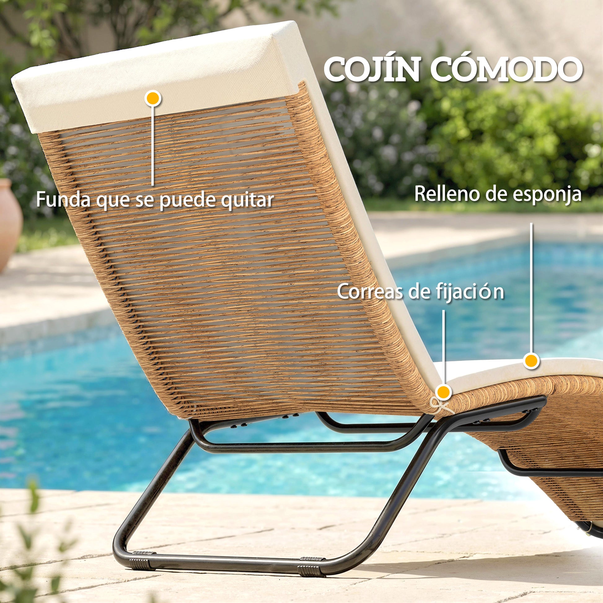 Outsunny Tumbona de Ratán en Forma de S, Tumbona de Jardín Exterior con Cojín, Asiento Transpirable y Estructura de Acero, Carga 120 kg, para Patio, Playa, Terraza y Piscina, Blanco Crema