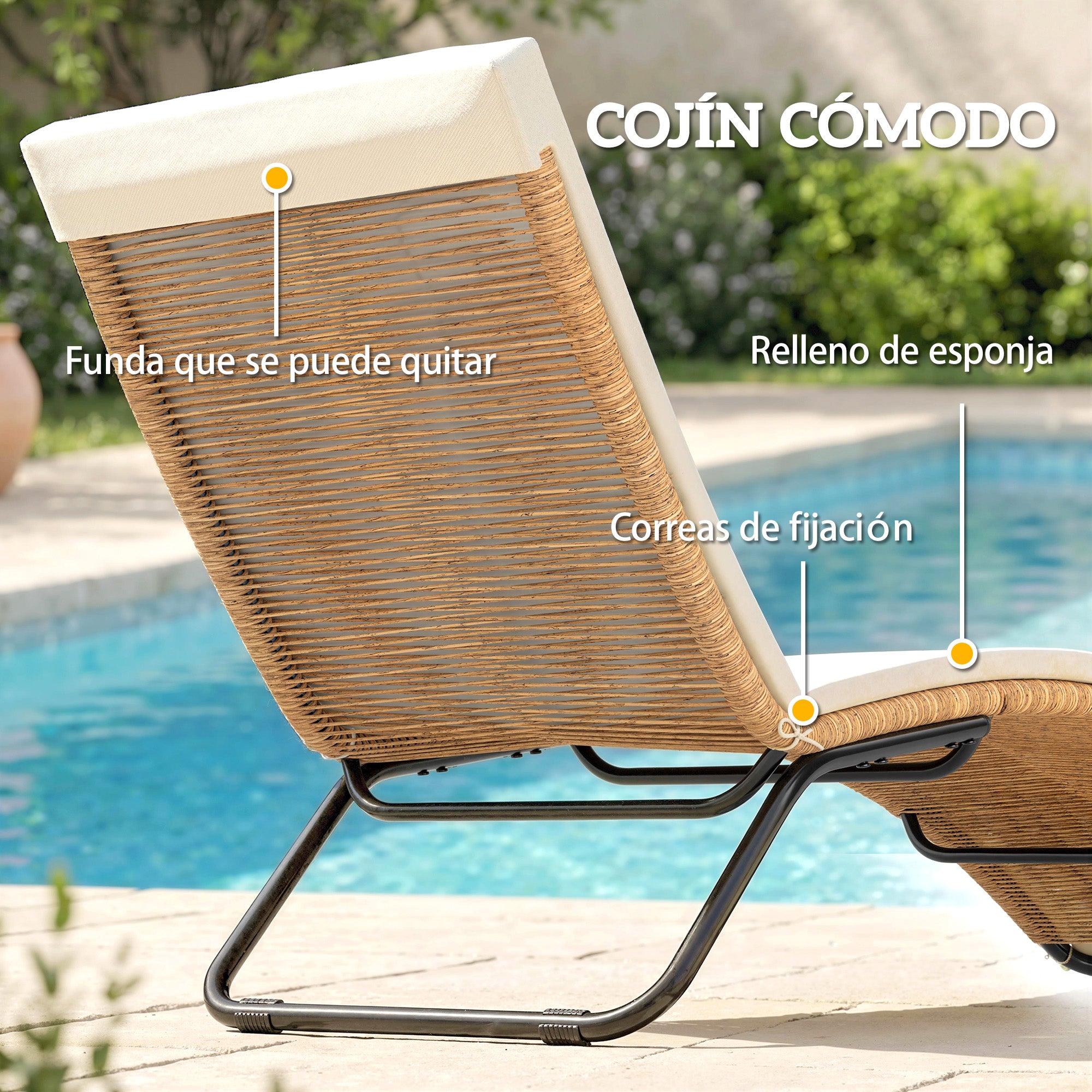 Outsunny Tumbona de Ratán en Forma de S, Tumbona de Jardín Exterior con Cojín, Asiento Transpirable y Estructura de Acero, Carga 120 kg, para Patio, Playa, Terraza y Piscina, Blanco Crema