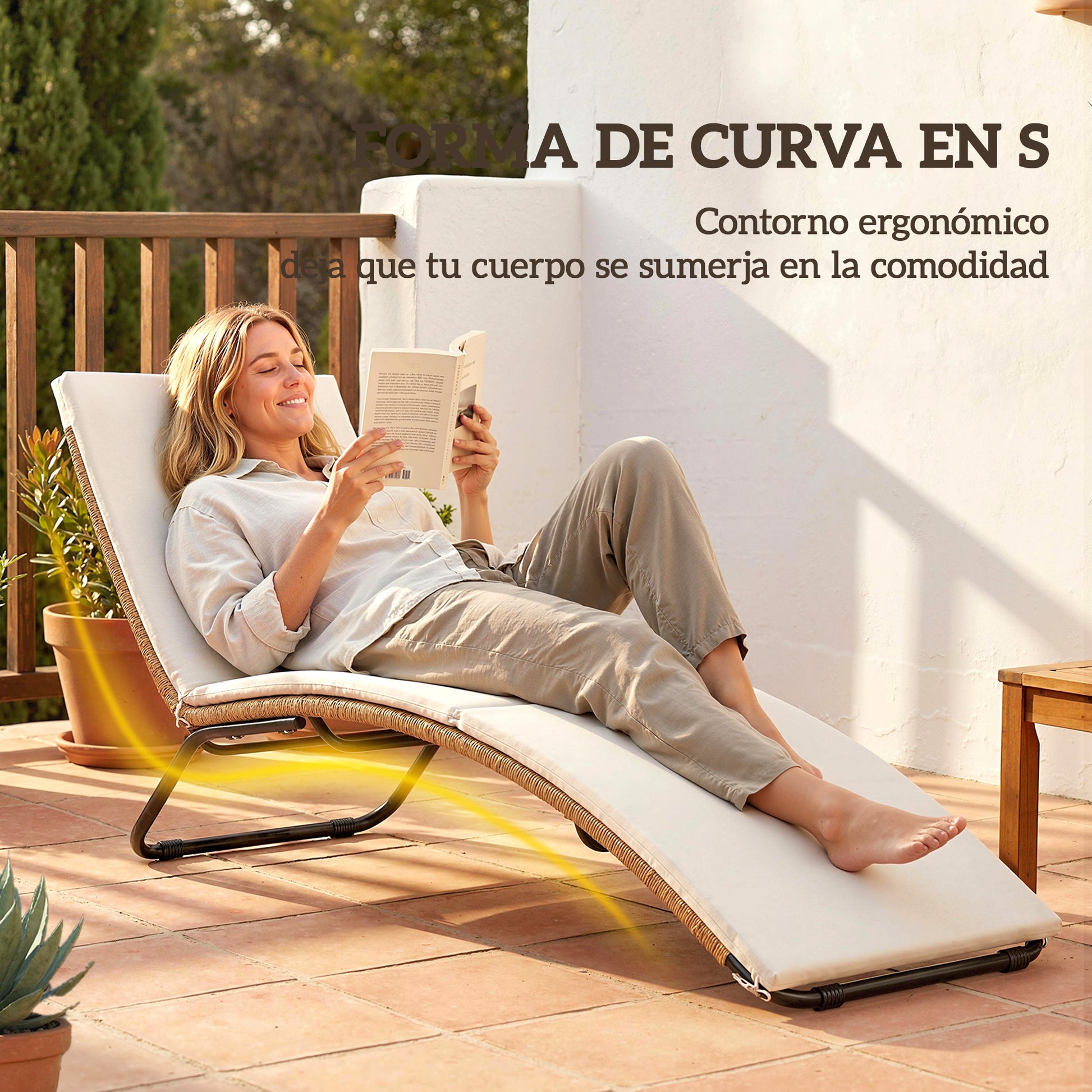 Outsunny Tumbona de Ratán en Forma de S, Tumbona de Jardín Exterior con Cojín, Asiento Transpirable y Estructura de Acero, Carga 120 kg, para Patio, Playa, Terraza y Piscina, Blanco Crema