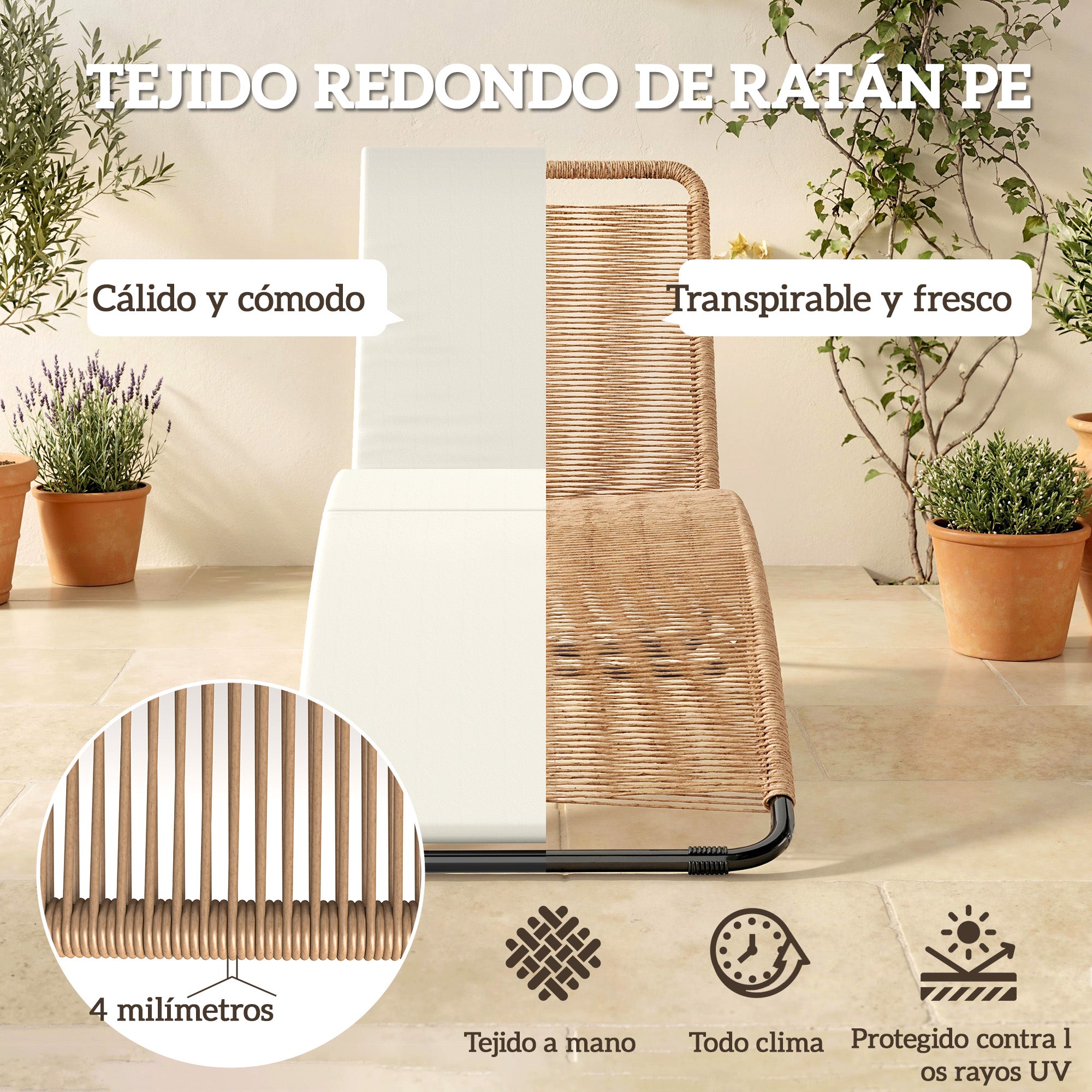 Outsunny Tumbona de Ratán en Forma de S, Tumbona de Jardín Exterior con Cojín, Asiento Transpirable y Estructura de Acero, Carga 120 kg, para Patio, Playa, Terraza y Piscina, Blanco Crema