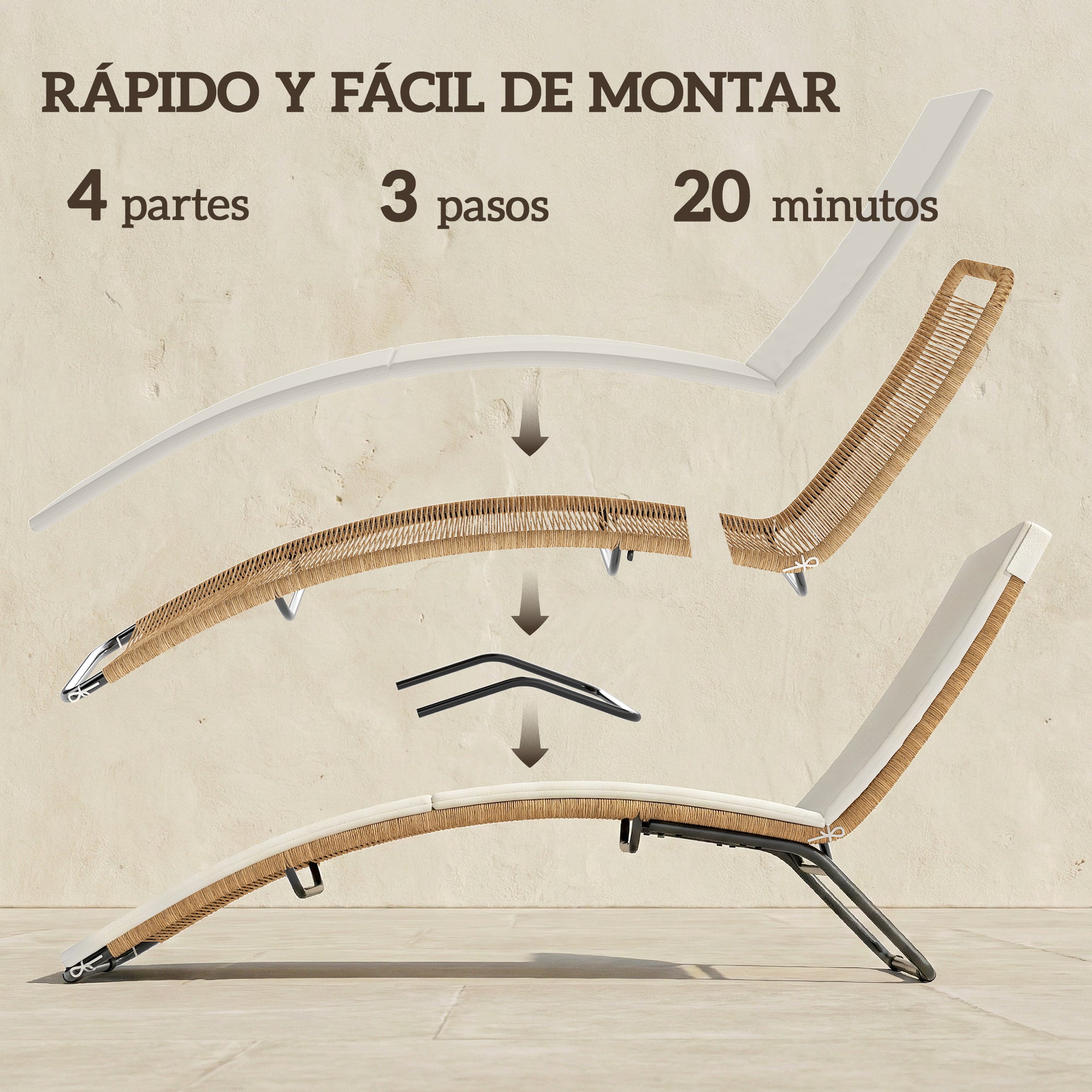 Outsunny Tumbona de Ratán en Forma de S, Tumbona de Jardín Exterior con Cojín, Asiento Transpirable y Estructura de Acero, Carga 120 kg, para Patio, Playa, Terraza y Piscina, Blanco Crema