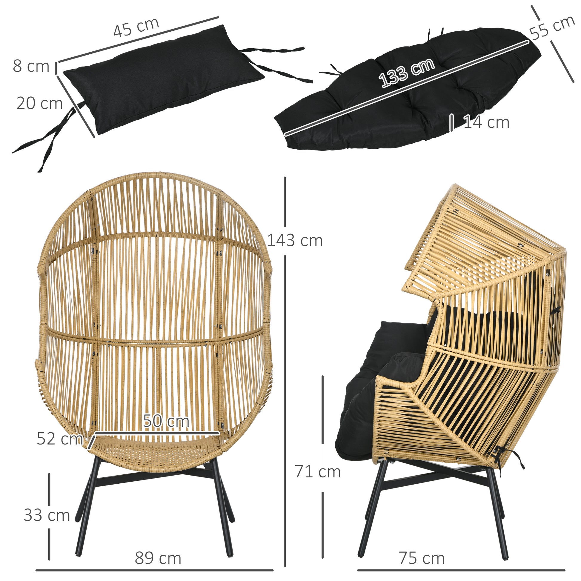 Outsunny Sillón de Ratán Sintético Silla de Terraza en Forma de Huevo con Reposacabezas Acolchado Cojín y Marco de Acero para Jardín Balcón 89x75x143 cm Arena y Negro