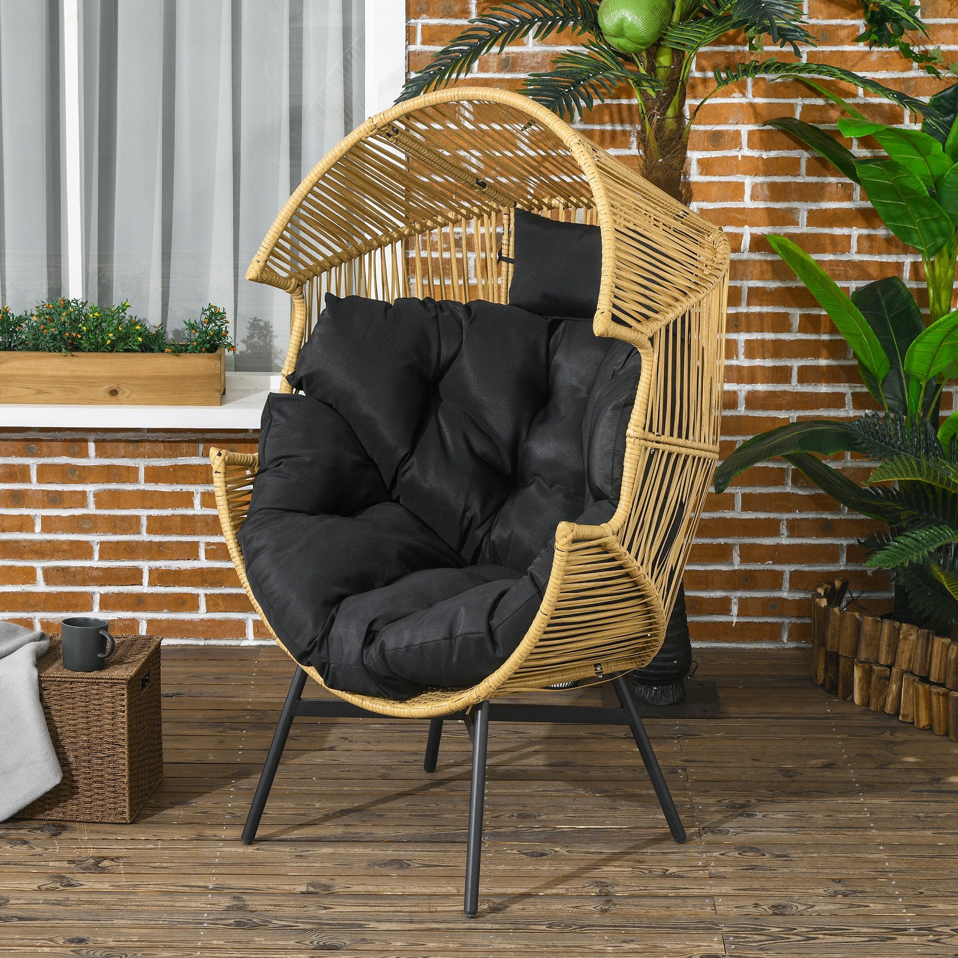 Outsunny Sillón de Ratán Sintético Silla de Terraza en Forma de Huevo con Reposacabezas Acolchado Cojín y Marco de Acero para Jardín Balcón 89x75x143 cm Arena y Negro