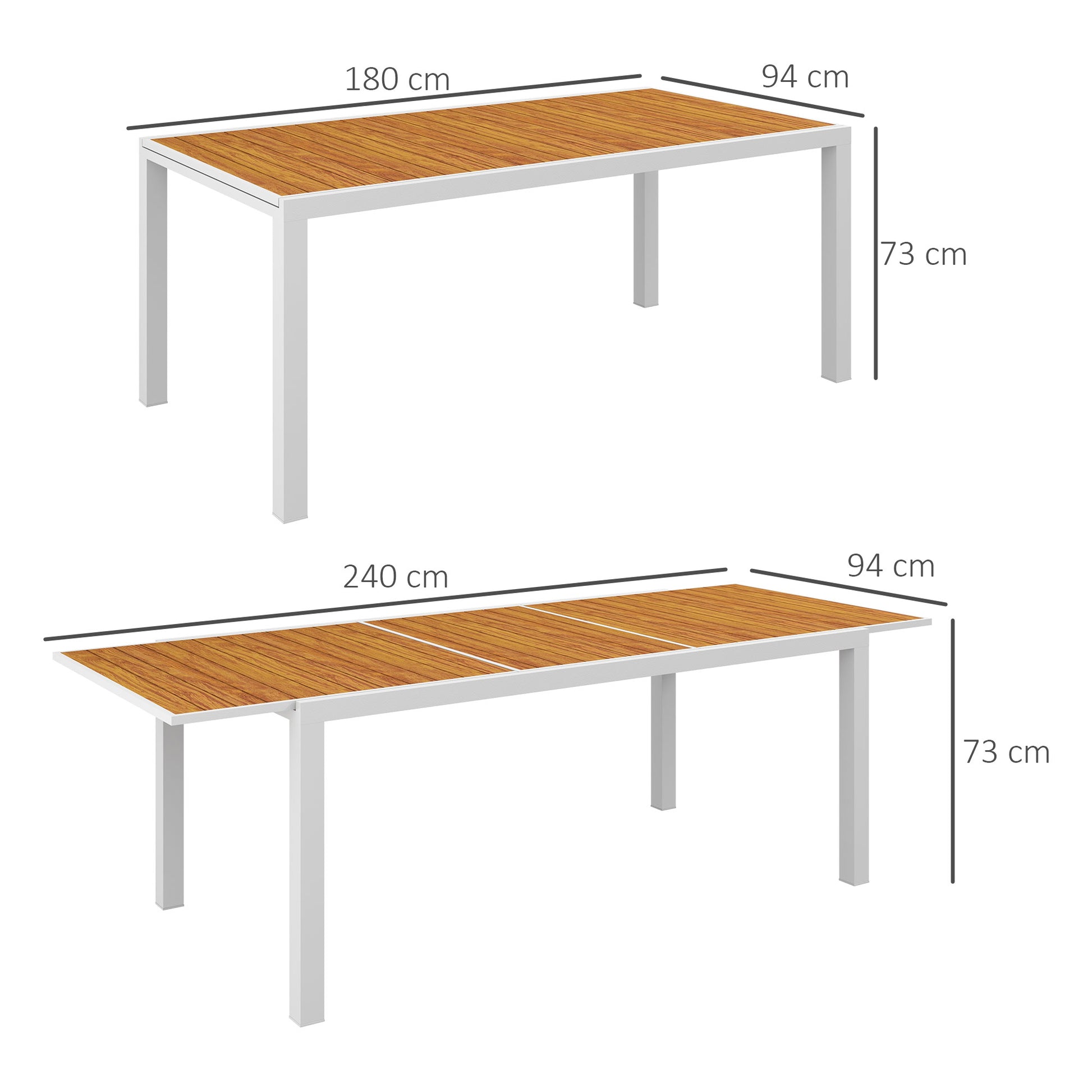 Outsunny Mesa de Jardín Extensible de Aluminio Mesa de Comedor Exterior Rectangular Mesa de Terraza para 6 Personas Efecto de Madera Carga 50 kg 180/240x94x73 cm Marrón