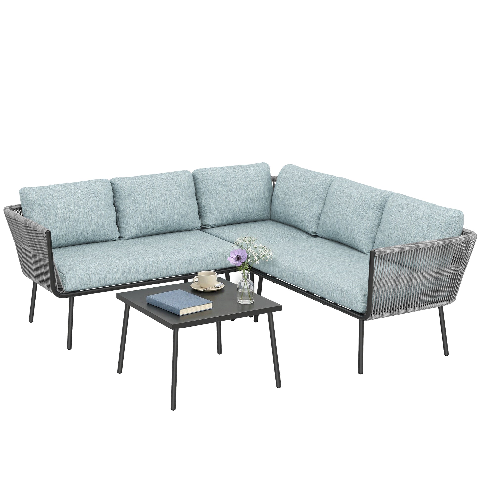 Outsunny Conjunto de Muebles de Ratán 4 Piezas con Marco de Aluminio Set de Muebles de Jardín 2 Sofá de 2 Plazas Sofá de Esquina Mesa de Centro con 6 Cojines Acolchados para Exterior Patio Azul Claro