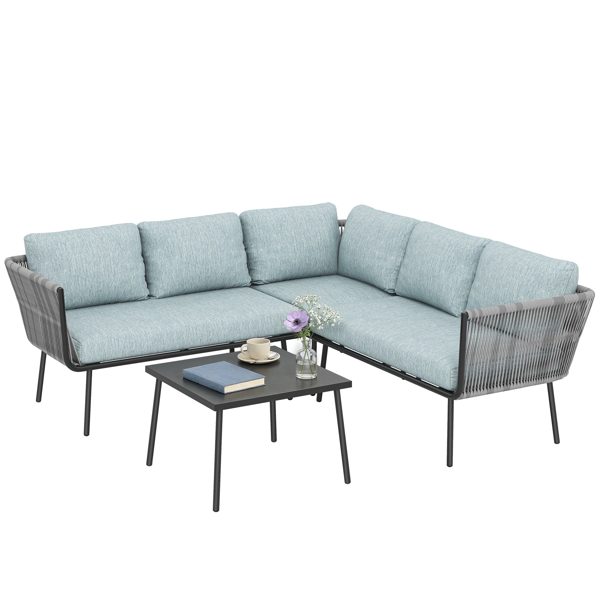Outsunny Conjunto de Muebles de Ratán 4 Piezas con Marco de Aluminio Set de Muebles de Jardín 2 Sofá de 2 Plazas Sofá de Esquina Mesa de Centro con 6 Cojines Acolchados para Exterior Patio Azul Claro