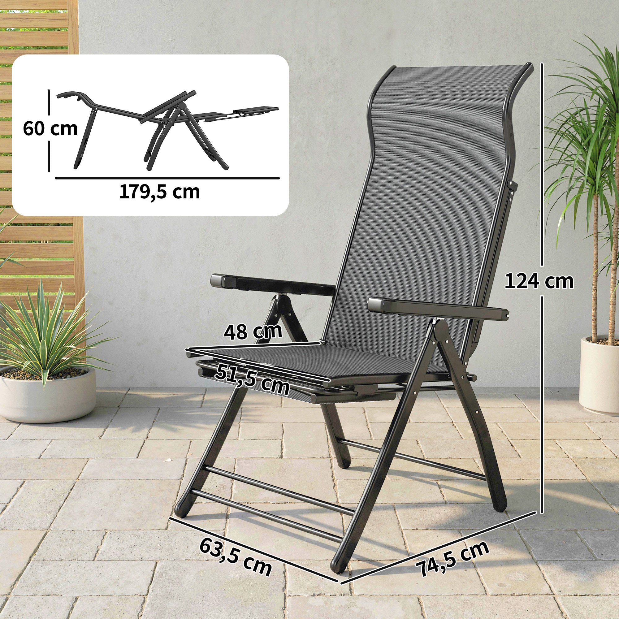 Outsunny Pack de 2 Sillas Plegables Reclinables, Sillas de Jardín Exterior con Respaldo Alto Curva Ajustable en 5 Posiciones, Reposapiés Retráctil y Marco de Metal, para Patio, Playa, Gris Oscuro