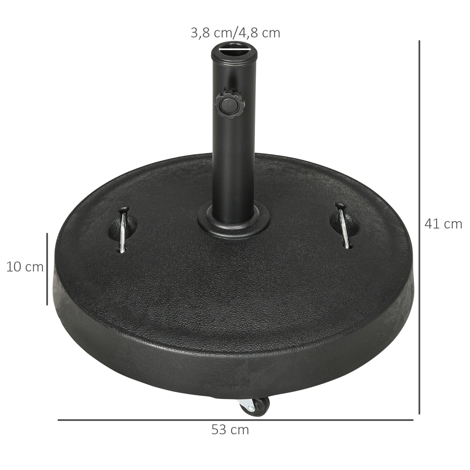 Outsunny Base de Sombrilla de Jardín de Resina de 23,5 kg con Ruedas y Asa Retráctil Soporte de Parasol Cuadrado para Postes de Ø38/48 mm para Terraza Patio Ø53x41 cm Negro