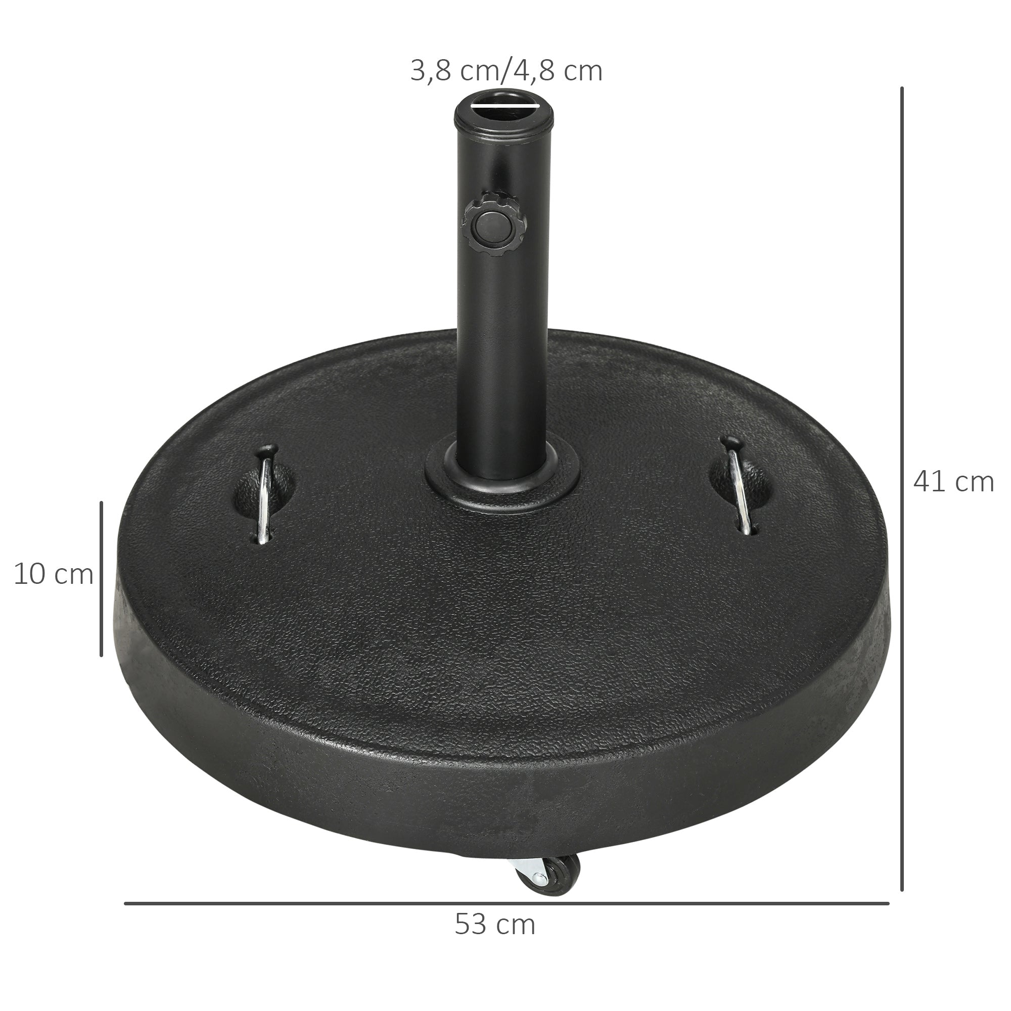 Outsunny Base de Sombrilla de Jardín de Resina de 23,5 kg con Ruedas y Asa Retráctil Soporte de Parasol Cuadrado para Postes de Ø38/48 mm para Terraza Patio Ø53x41 cm Negro