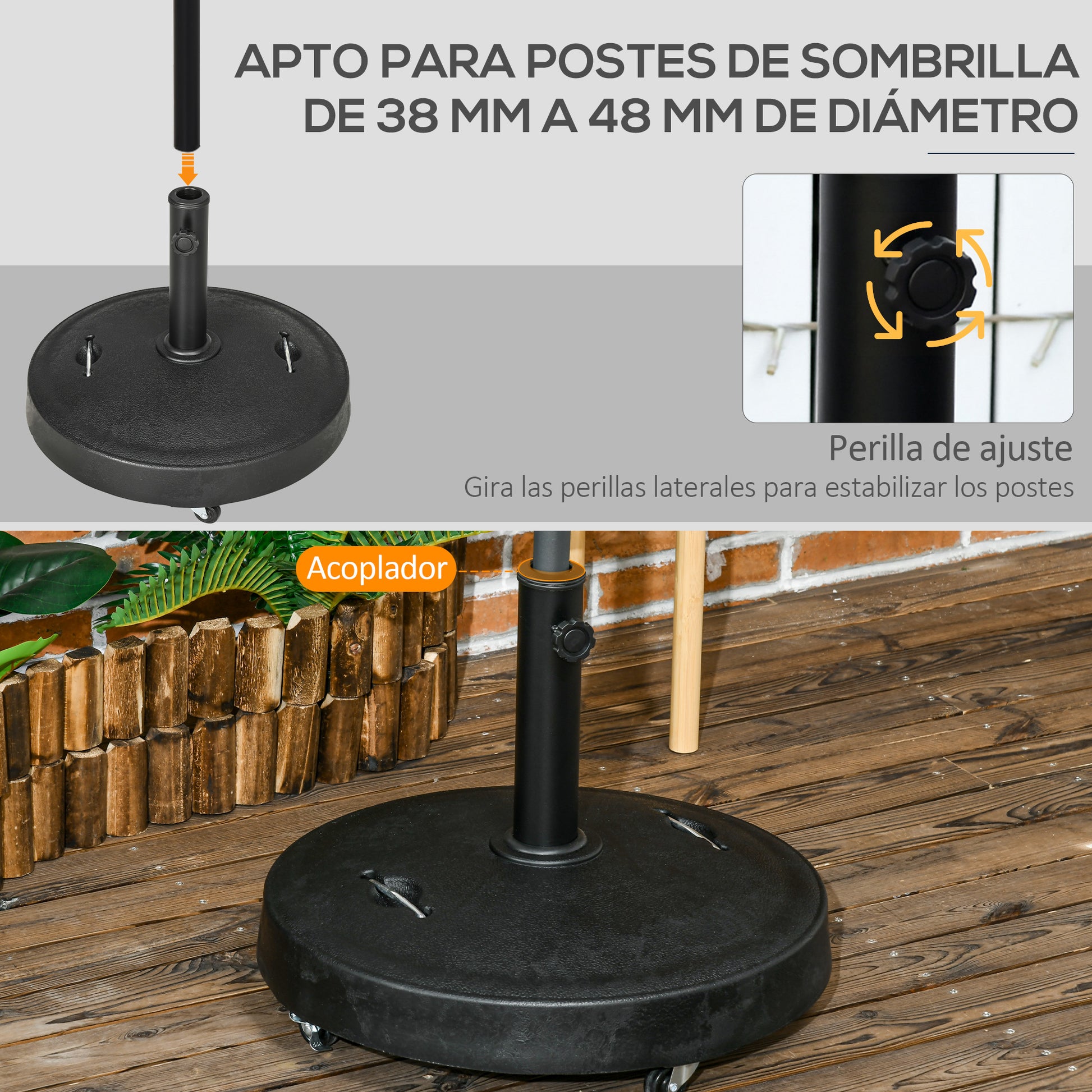 Outsunny Base de Sombrilla de Jardín de Resina de 23,5 kg con Ruedas y Asa Retráctil Soporte de Parasol Cuadrado para Postes de Ø38/48 mm para Terraza Patio Ø53x41 cm Negro