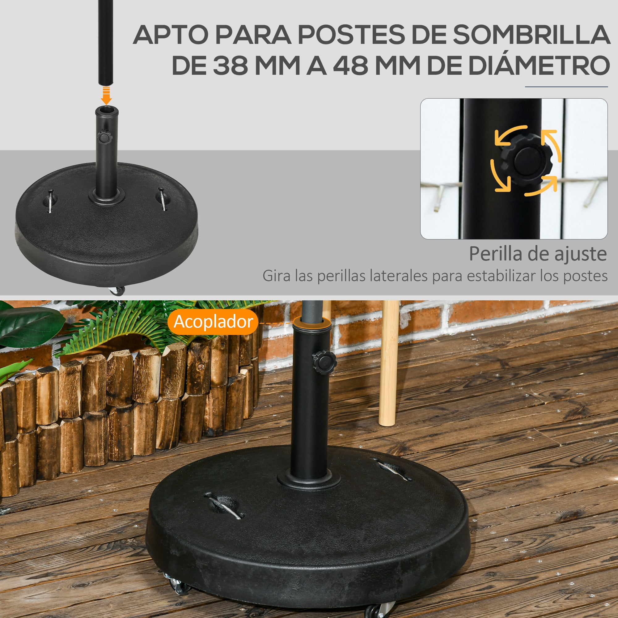 Outsunny Base de Sombrilla de Jardín de Resina de 23,5 kg con Ruedas y Asa Retráctil Soporte de Parasol Cuadrado para Postes de Ø38/48 mm para Terraza Patio Ø53x41 cm Negro