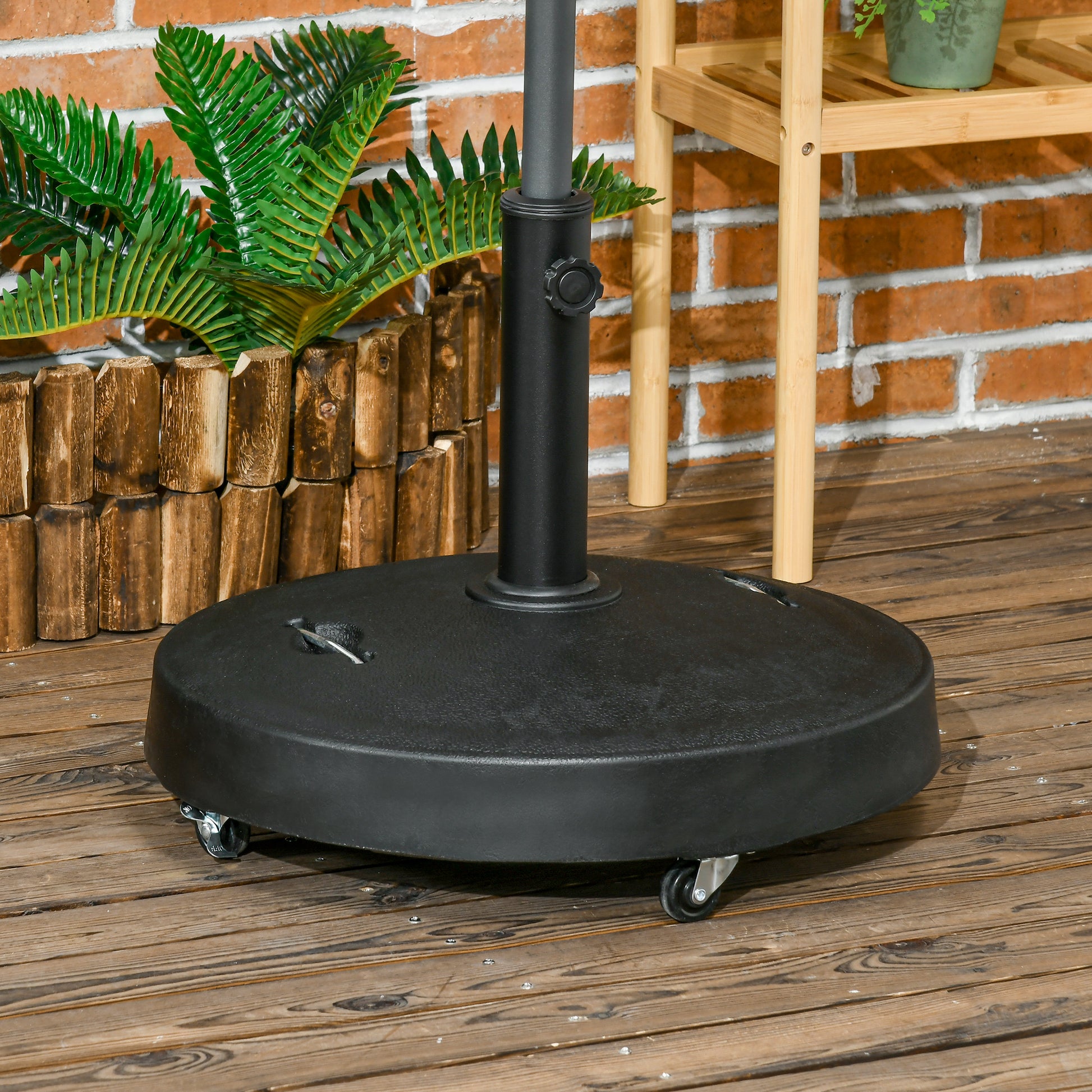 Outsunny Base de Sombrilla de Jardín de Resina de 23,5 kg con Ruedas y Asa Retráctil Soporte de Parasol Cuadrado para Postes de Ø38/48 mm para Terraza Patio Ø53x41 cm Negro