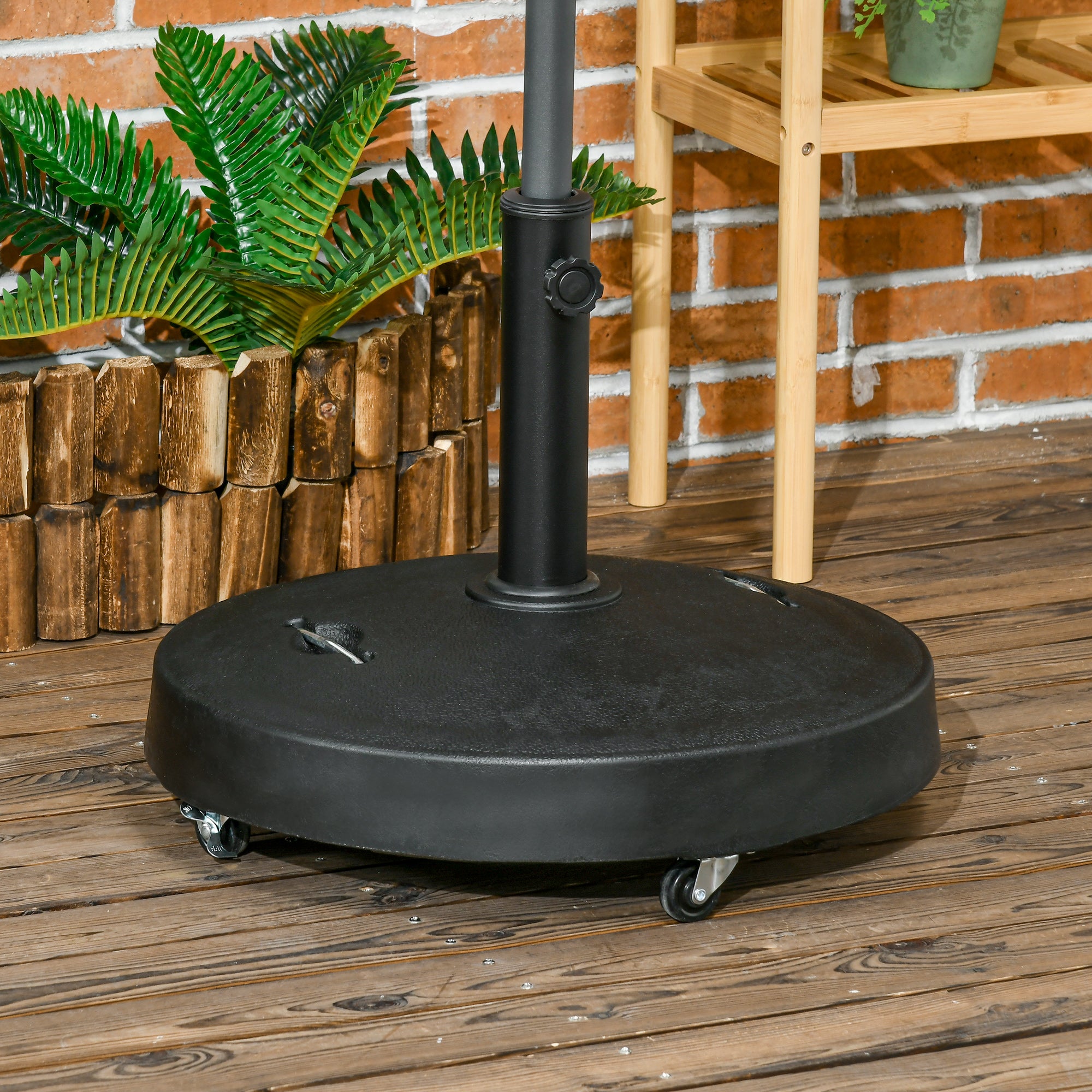 Outsunny Base de Sombrilla de Jardín de Resina de 23,5 kg con Ruedas y Asa Retráctil Soporte de Parasol Cuadrado para Postes de Ø38/48 mm para Terraza Patio Ø53x41 cm Negro