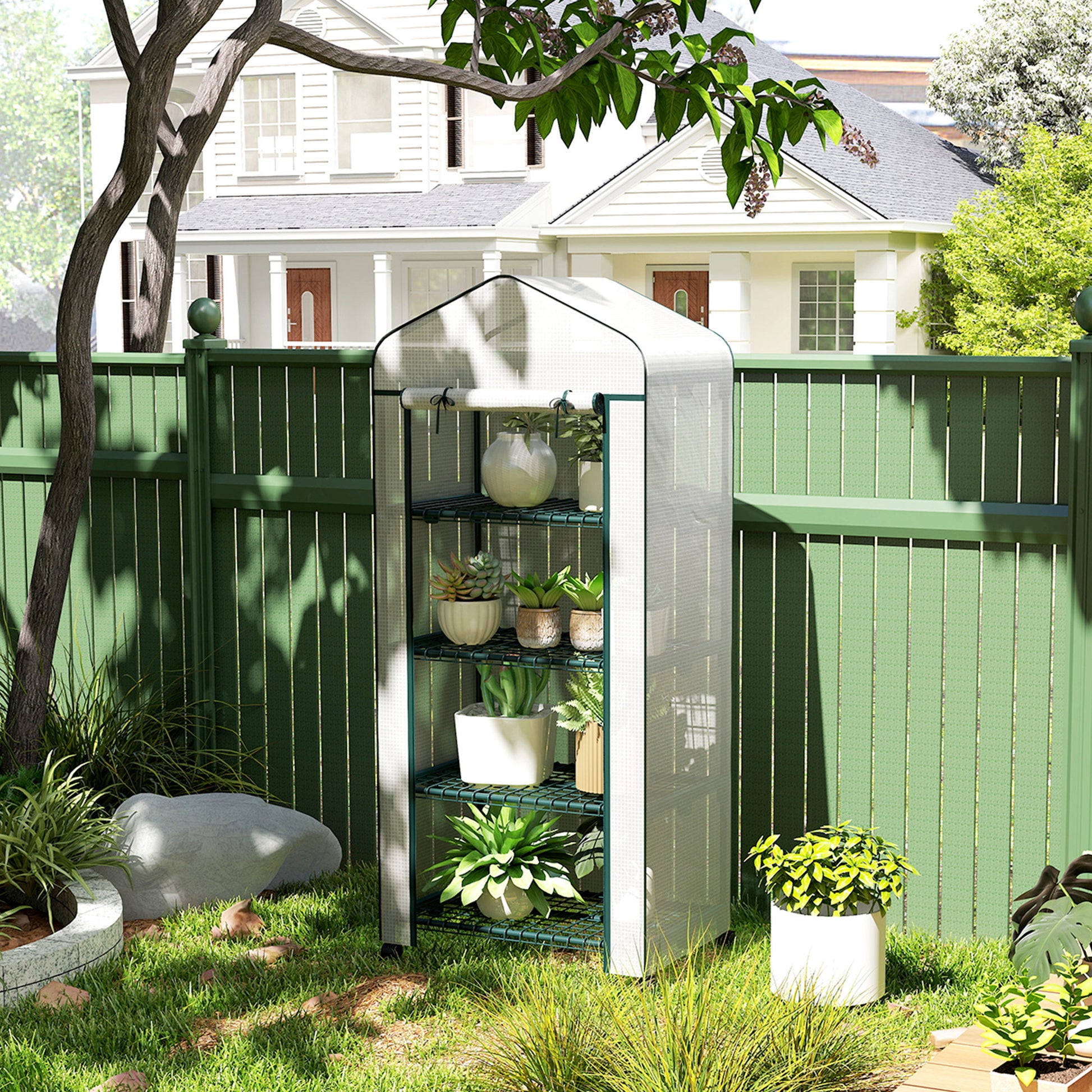 Outsunny Invernadero de Exterior con 4 Estantes y Ruedas, Invernadero Pequeño con Puerta Enrollable, Marco de Acero y Cubierta de PE 140g/㎡, Anti-UV para Plantas, Macetas, Flores, 70x50x165 cm, Blanco