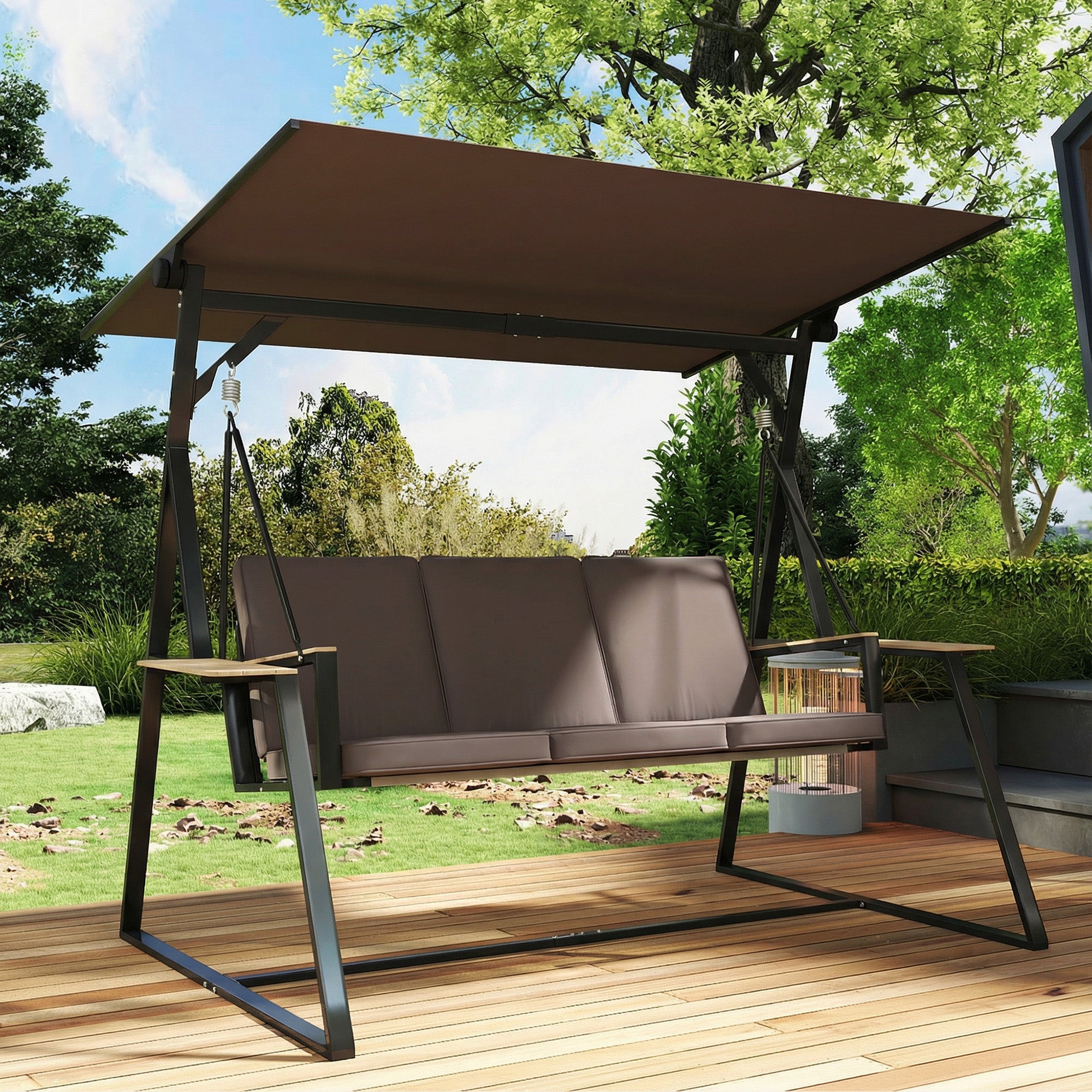Outsunny Columpio de Jardín de 3 Plazas, Balancín de Jardín Exterior con Techo Ajustable UPF50+, 2 Bandejas, Cojines y Marco de Metal, para Balcón, Terraza, Patio, Carga 360 kg, 222x131x175 cm, Marrón