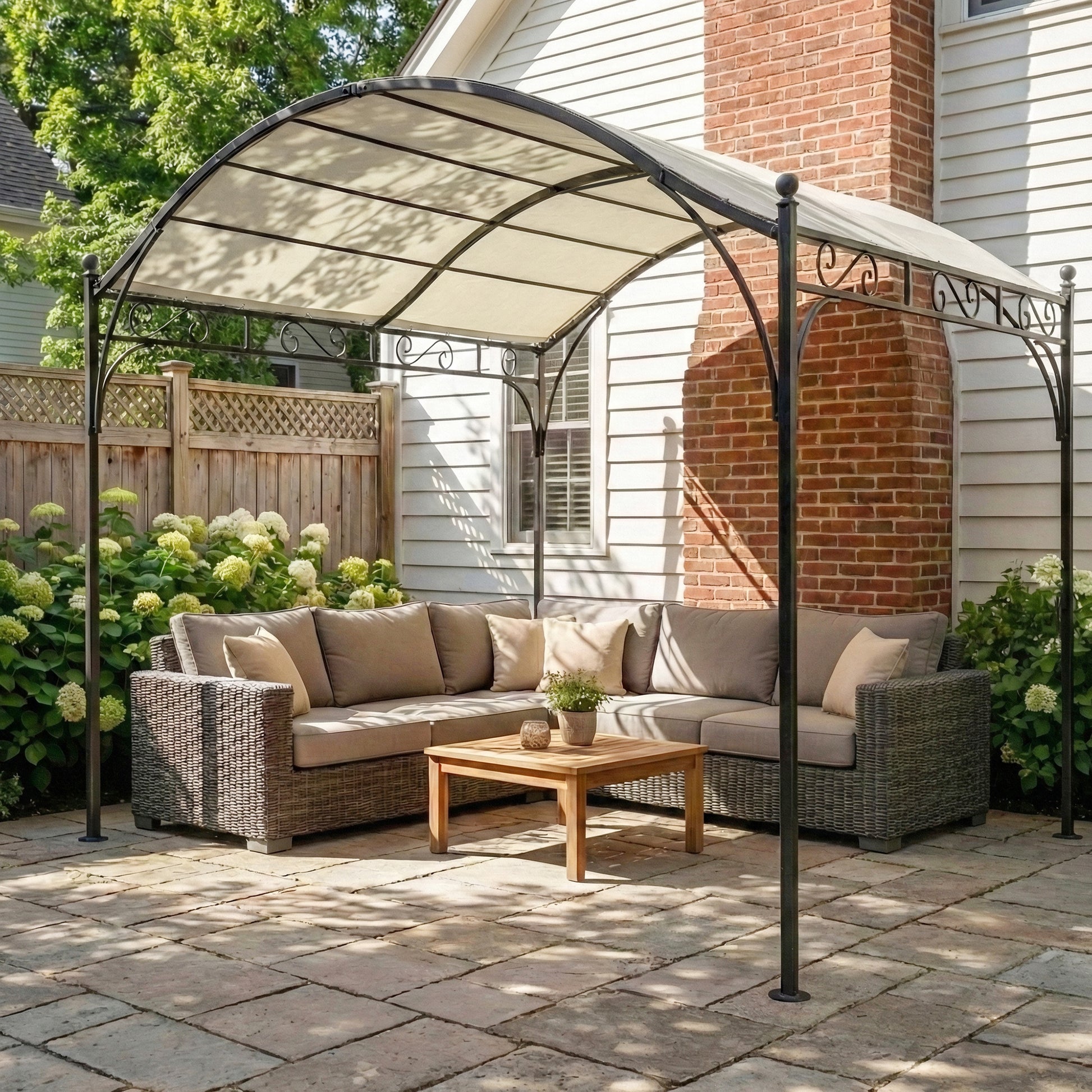Outsunny Pérgola de Jardín 3x3 m, Cenador de Jardín con Techo Arqueado, Dosel UV30+ y Estructura de Metal Galvanizado, Pabellón para Exterior, Patio, Terraza, Blanco Crema