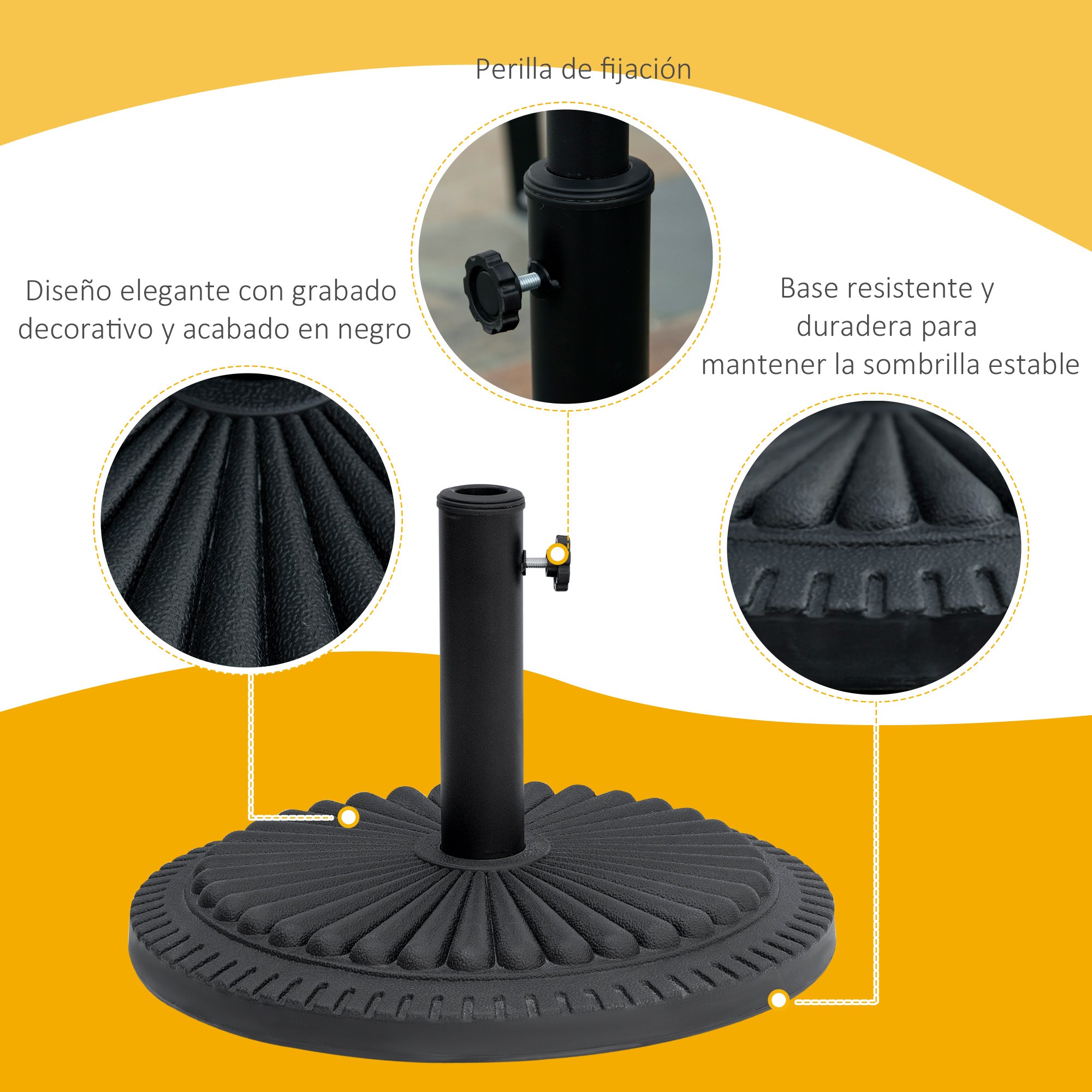 Outsunny Base para Sombrilla de Jardín Peso Neto 14 kg Soporte de Parasol Apto para Postes de 35mm/38mm/48mm Rellena de Cemento Metal para Terraza Exterior Ø49x32 cm Negro