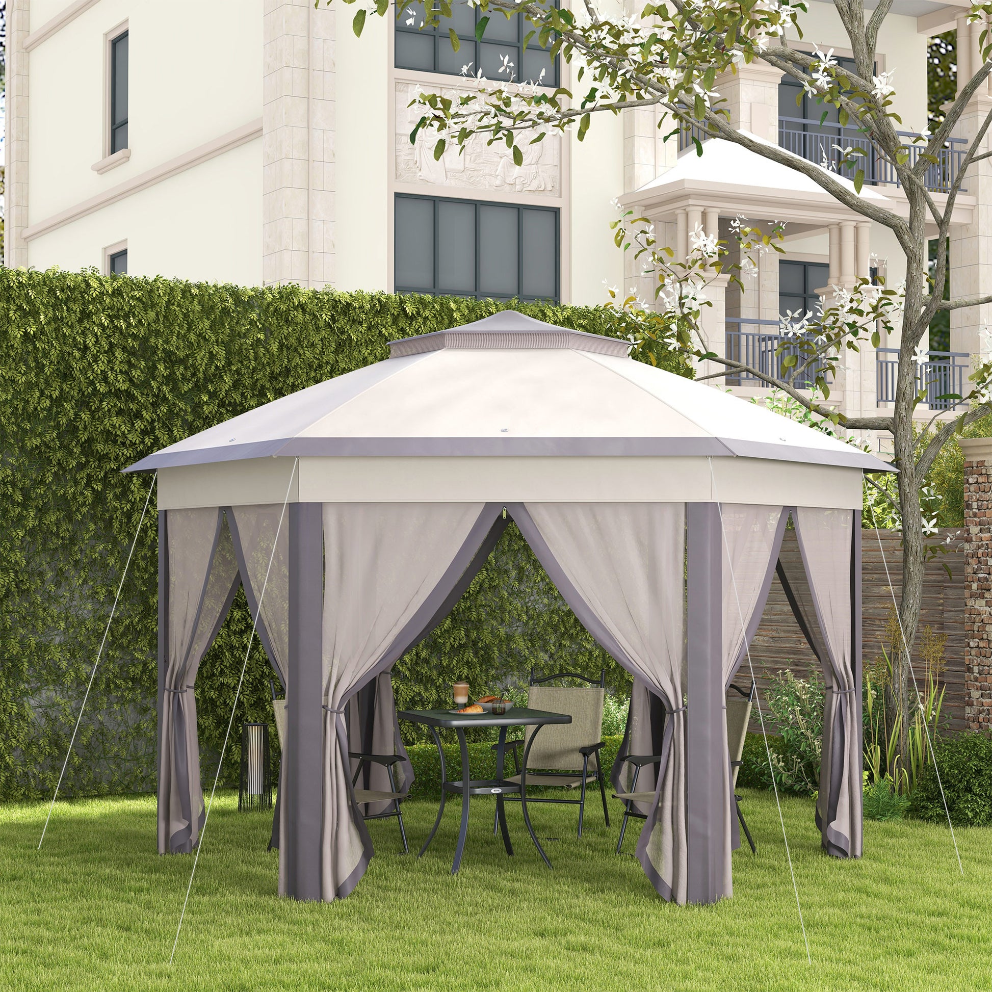 Outsunny Carpa Plegable 4x3,4 m, Cenador de Jardín Hexagonal con Doble Techo, 6 Mosquiteras Extraíbles y Bolsa de Transporte, Impermeable, Anti-UV para Exterior, Fiestas, Marrón y Beige