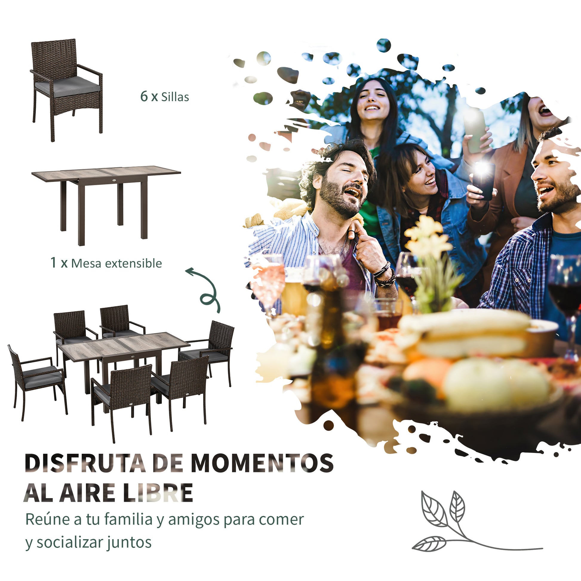 Outsunny Conjunto de Muebles de Ratán Sintético de Jardín 7 Piezas Marco de Aluminio Juego de Comedor con Mesa Extensible 6 Sillas de Asientos Acolchadas para Terraza Patio Balcón Marrón