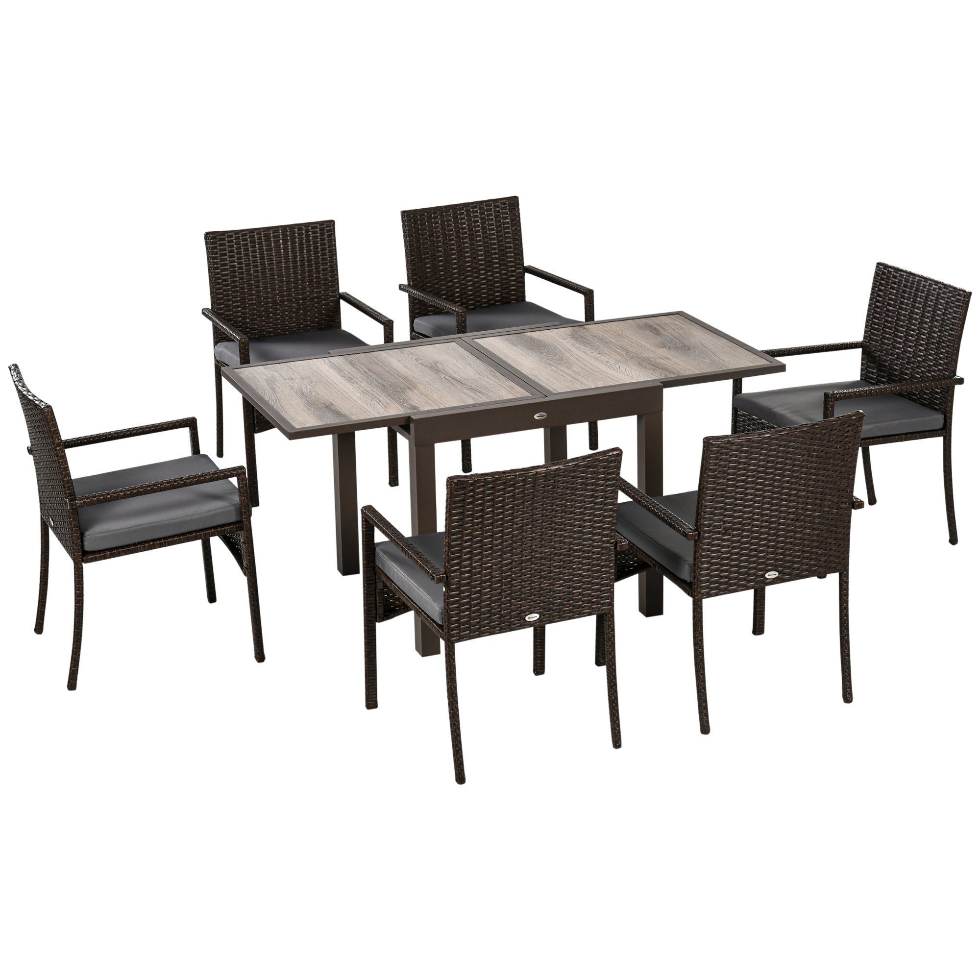 Outsunny Conjunto de Muebles de Ratán Sintético de Jardín 7 Piezas Marco de Aluminio Juego de Comedor con Mesa Extensible 6 Sillas de Asientos Acolchadas para Terraza Patio Balcón Marrón