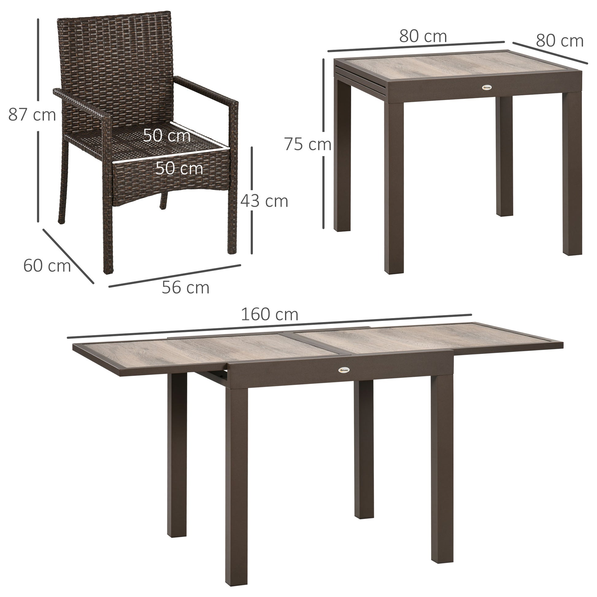 Outsunny Conjunto de Muebles de Ratán Sintético de Jardín 7 Piezas Marco de Aluminio Juego de Comedor con Mesa Extensible 6 Sillas de Asientos Acolchadas para Terraza Patio Balcón Marrón