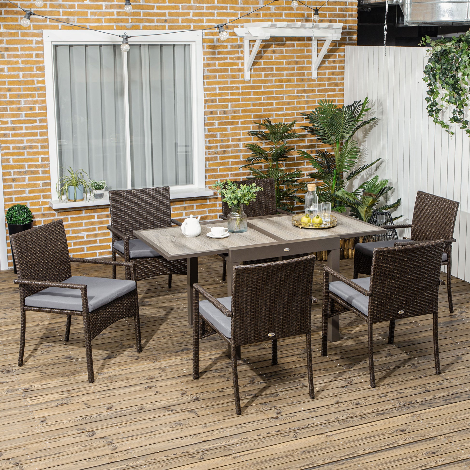 Outsunny Conjunto de Muebles de Ratán Sintético de Jardín 7 Piezas Marco de Aluminio Juego de Comedor con Mesa Extensible 6 Sillas de Asientos Acolchadas para Terraza Patio Balcón Marrón