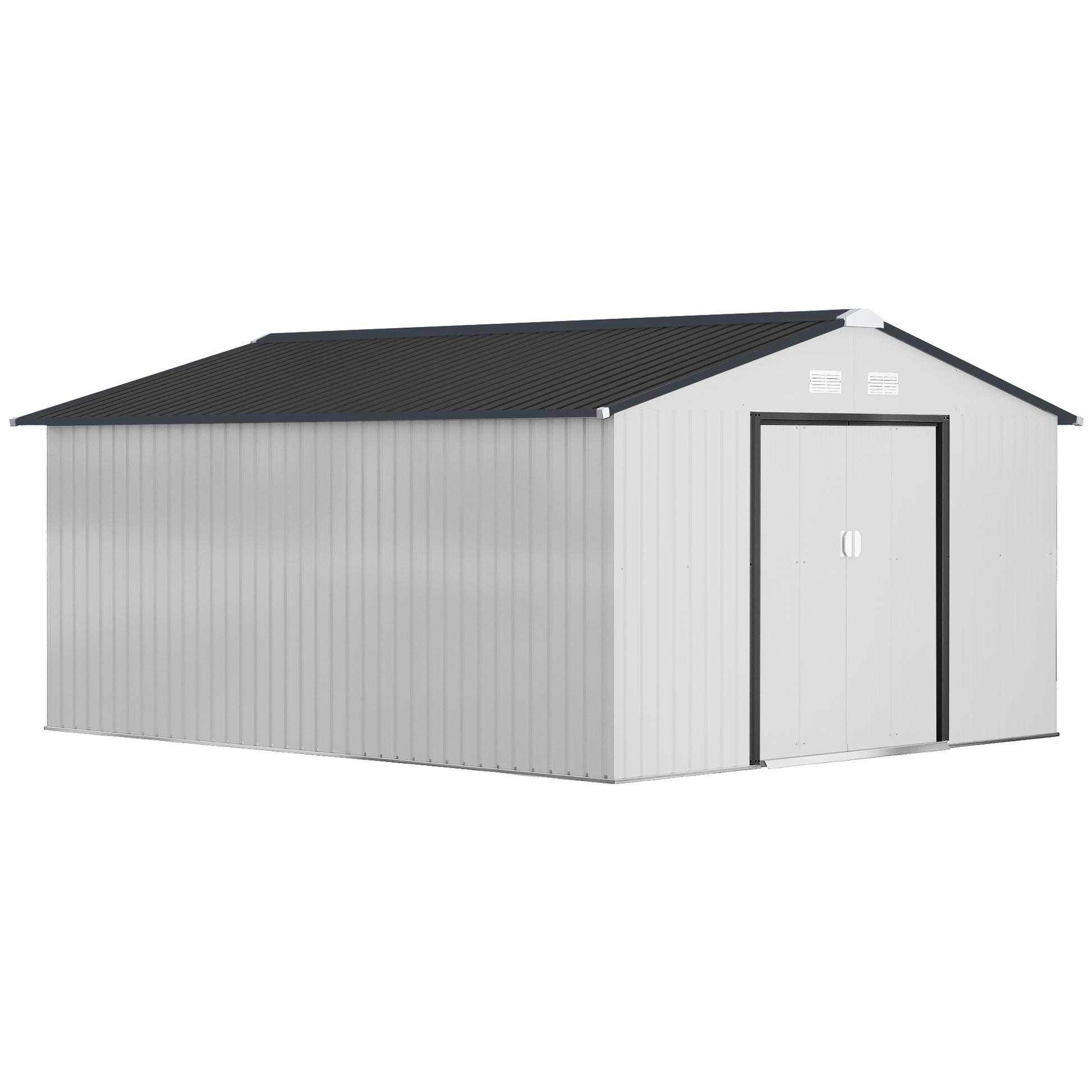 Outsunny Caseta de Jardín Exterior 12,4 m² 340x386x200 cm Cobertizo de Jardín Exterior con Puerta Corredera Techo Inclinado Base Refuerzo (Suelo NO Incluido) y 4 Ventanas Blanco