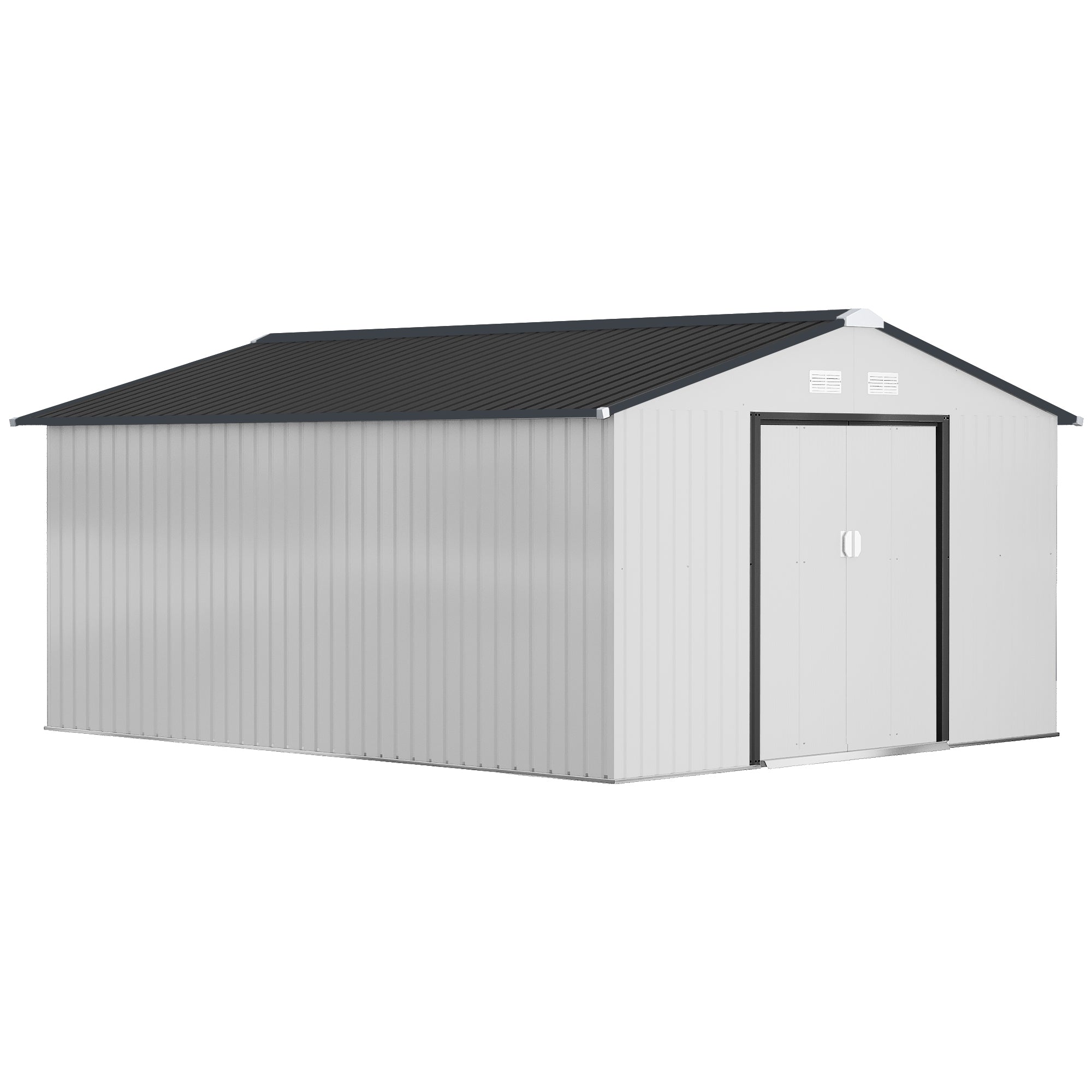 Outsunny Caseta de Jardín Exterior 12,4 m² 340x386x200 cm Cobertizo de Jardín Exterior con Puerta Corredera Techo Inclinado Base Refuerzo (Suelo NO Incluido) y 4 Ventanas Blanco
