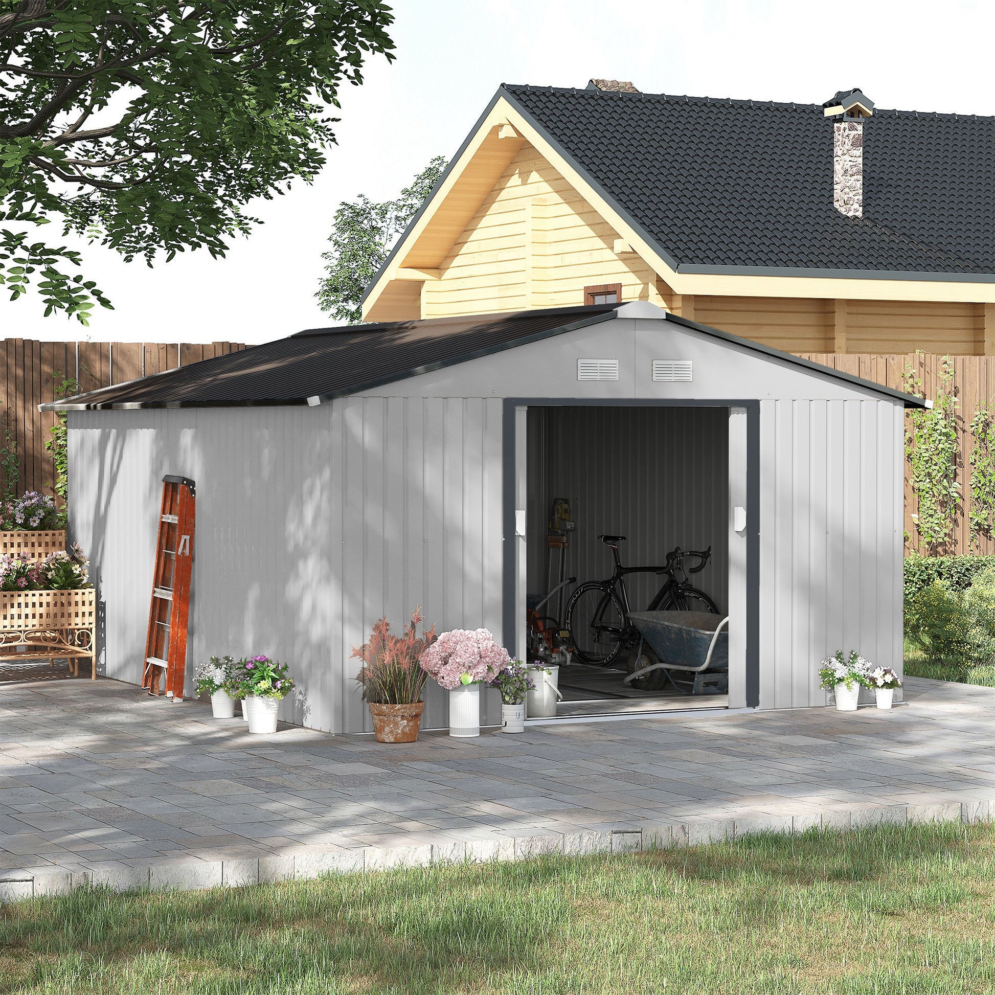 Outsunny Caseta de Jardín Exterior 12,4 m² 340x386x200 cm Cobertizo de Jardín Exterior con Puerta Corredera Techo Inclinado Base Refuerzo (Suelo NO Incluido) y 4 Ventanas Blanco